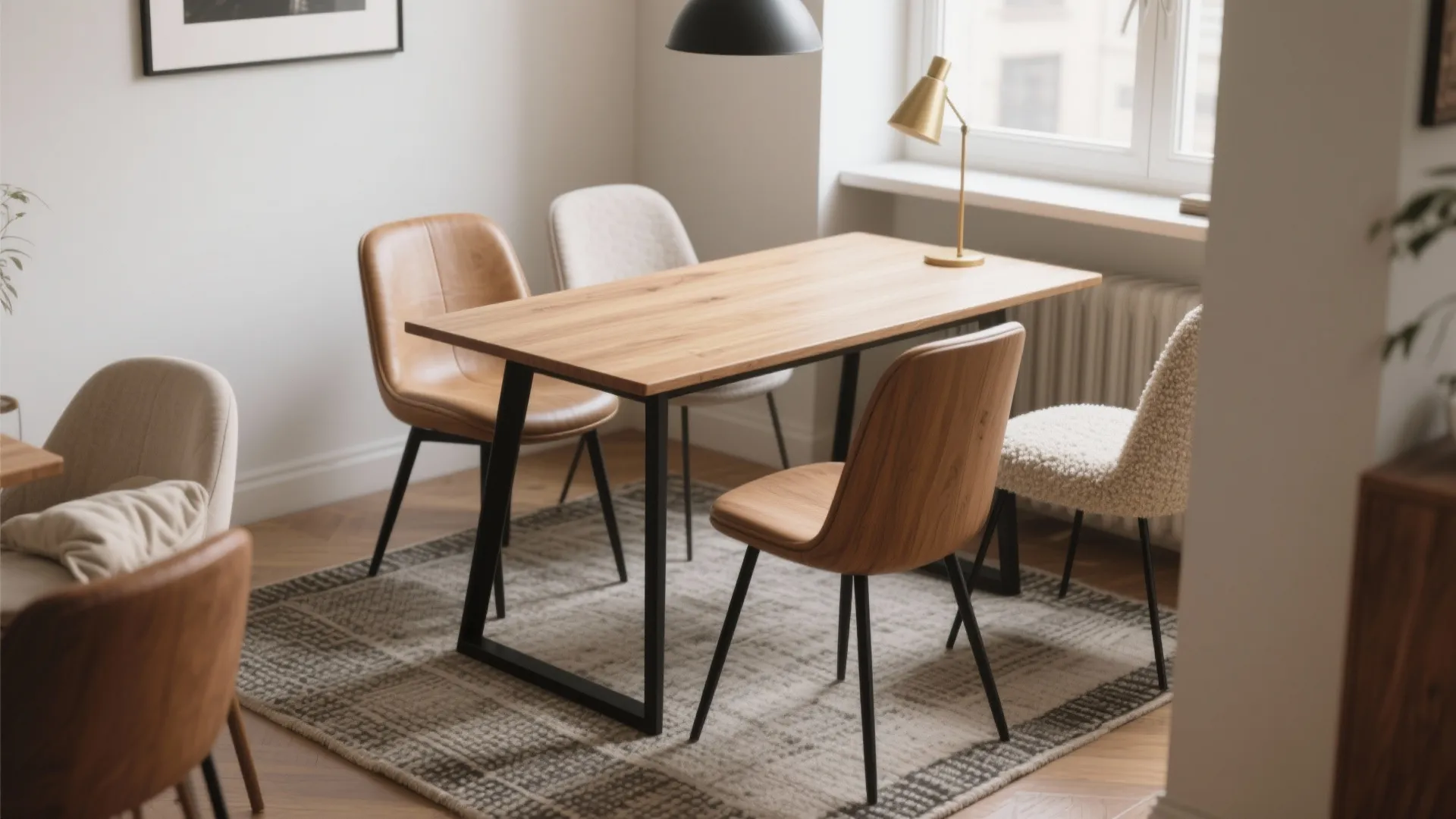 Modern wooden dining table with black legs surrounded by different chairs on a patterned rug