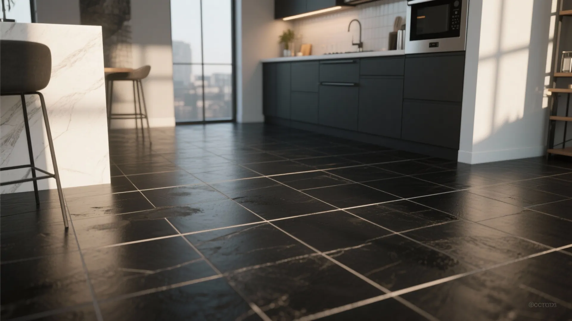 5. Black floor with light grout for graphic definition
