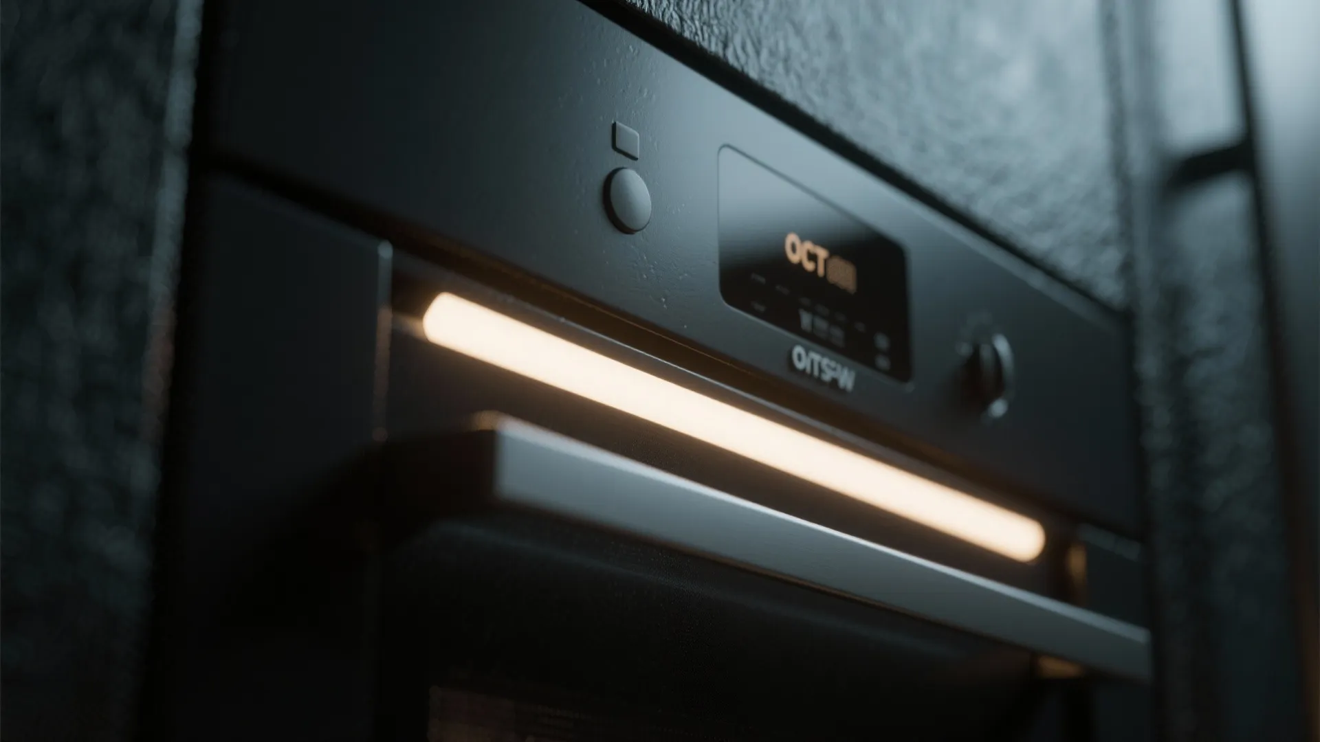 Close up of black oven control panel with digital display screen and warm internal light
