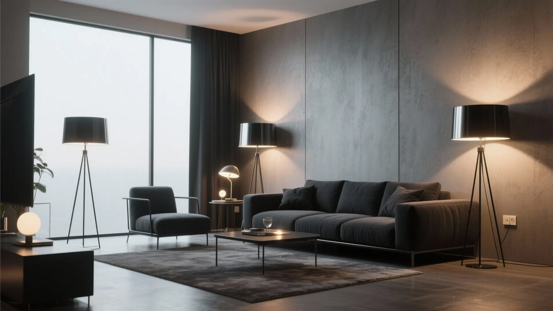 Layered lighting in living room with black and silver fixtures