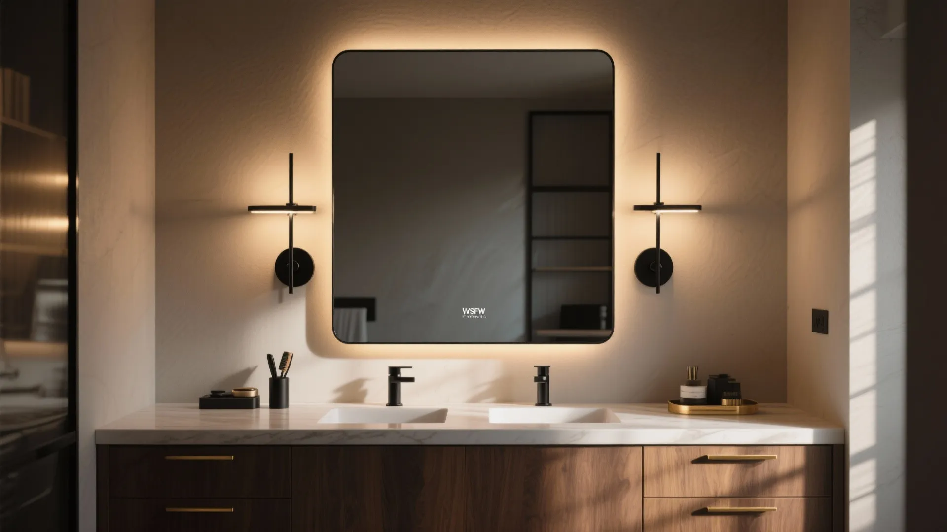 Vanity lit by slim matte black sconces creating layered warm lighting for grooming.