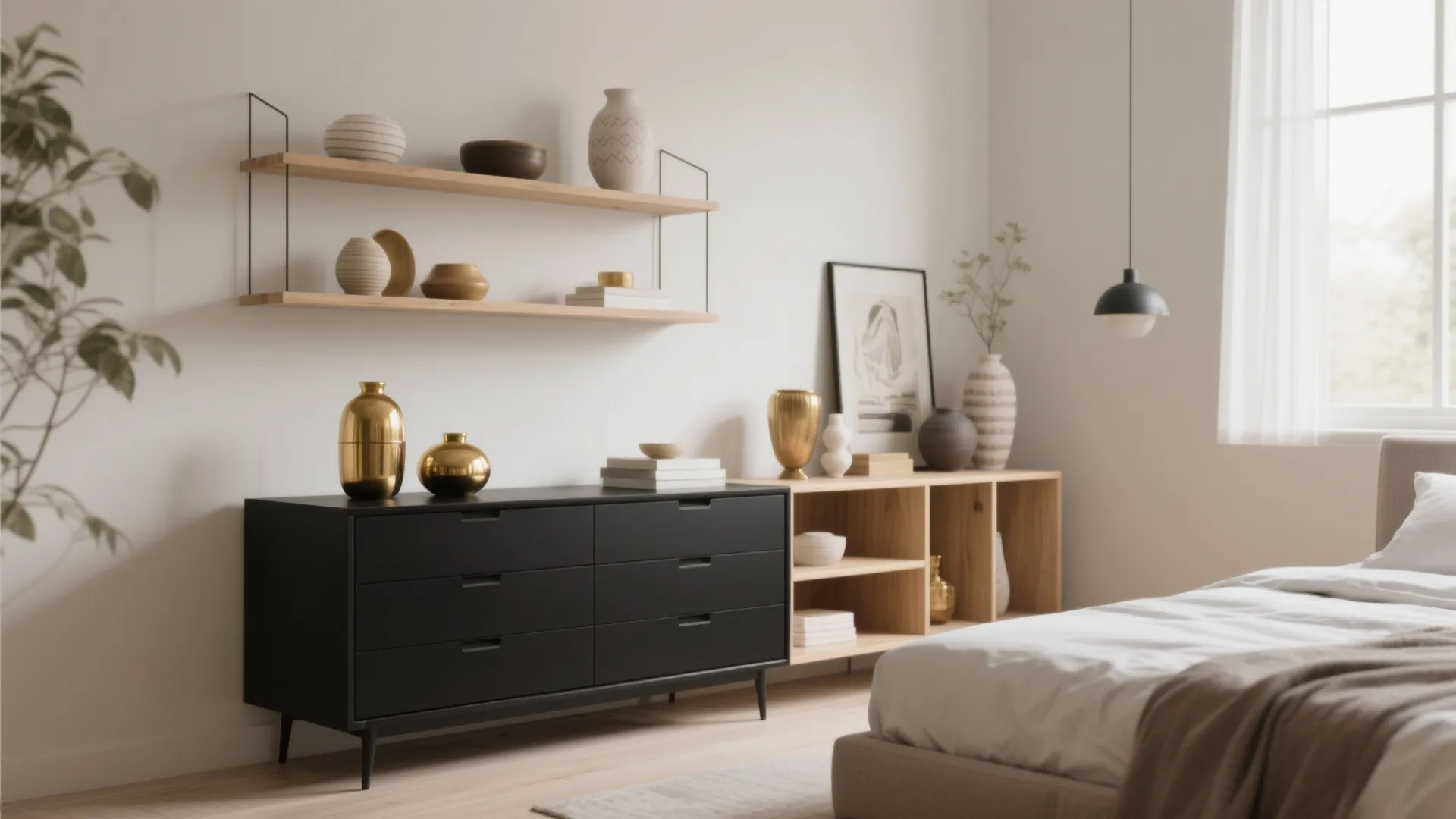 Modern black cabinet and light wood wall shelves with vases in a bright bedroom scene