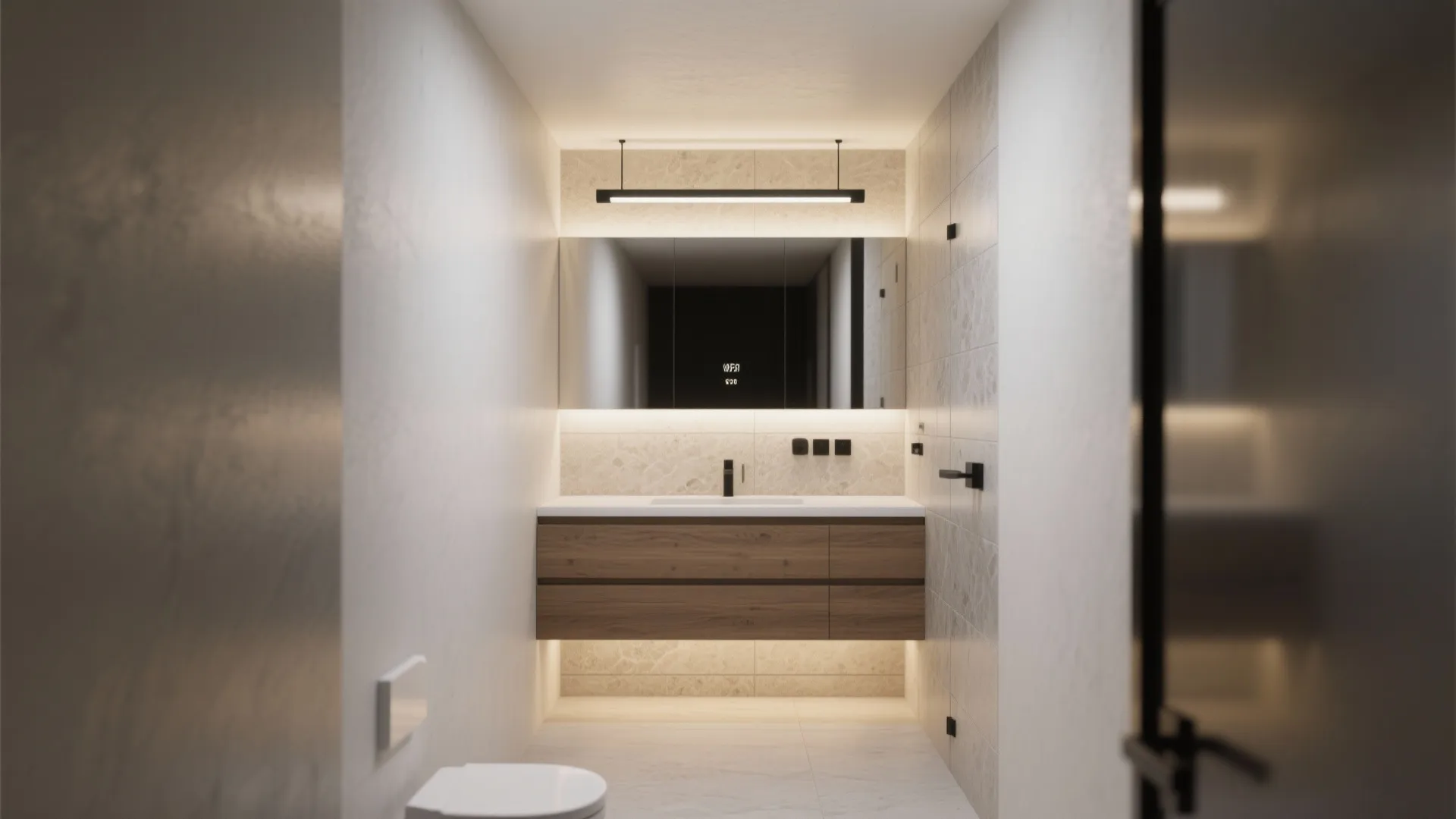 2. Black linear LED above a floating vanity