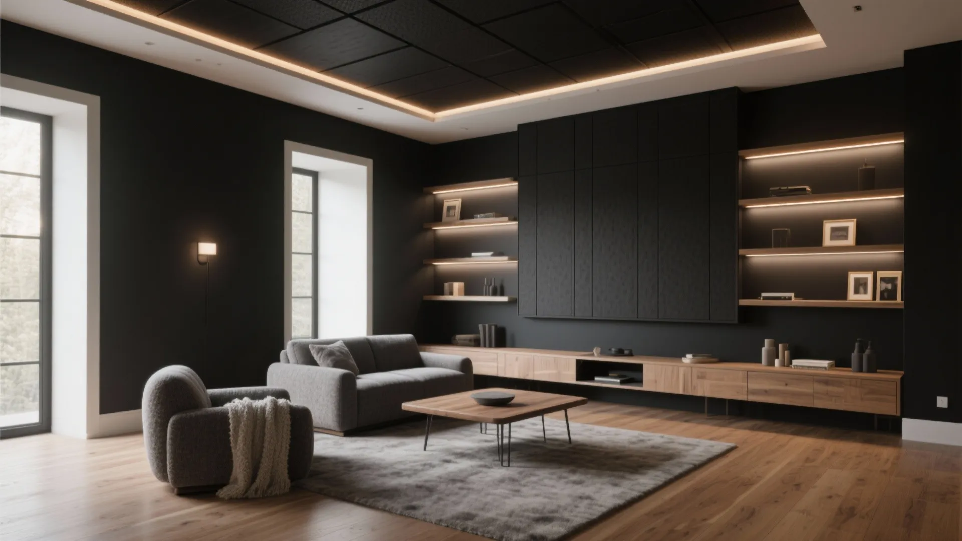 Modern dark living room featuring grey sofa wooden cabinet coffee table rug and warm lighting
