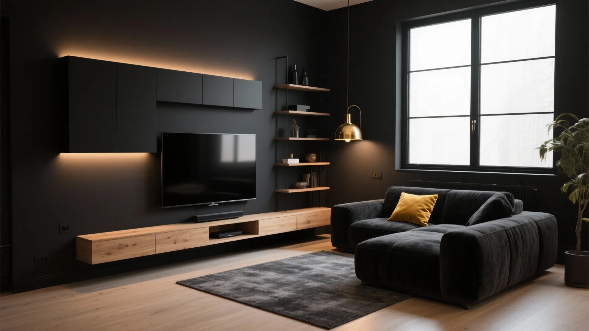Modern black living room with a large sofa wooden cabinet tv and natural light from windows