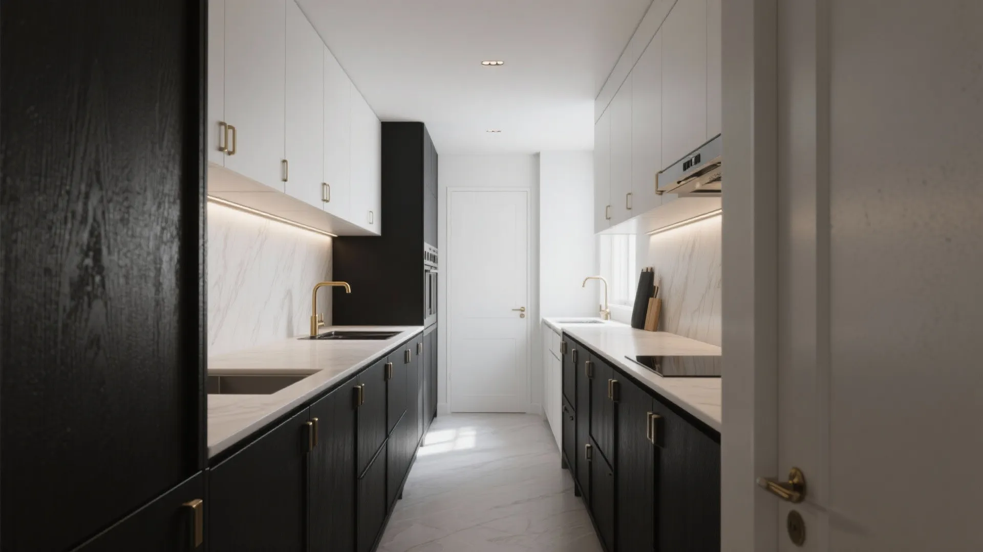 Galley kitchen with matte black lower cabinets and white upper cabinets to maintain airy sightlines