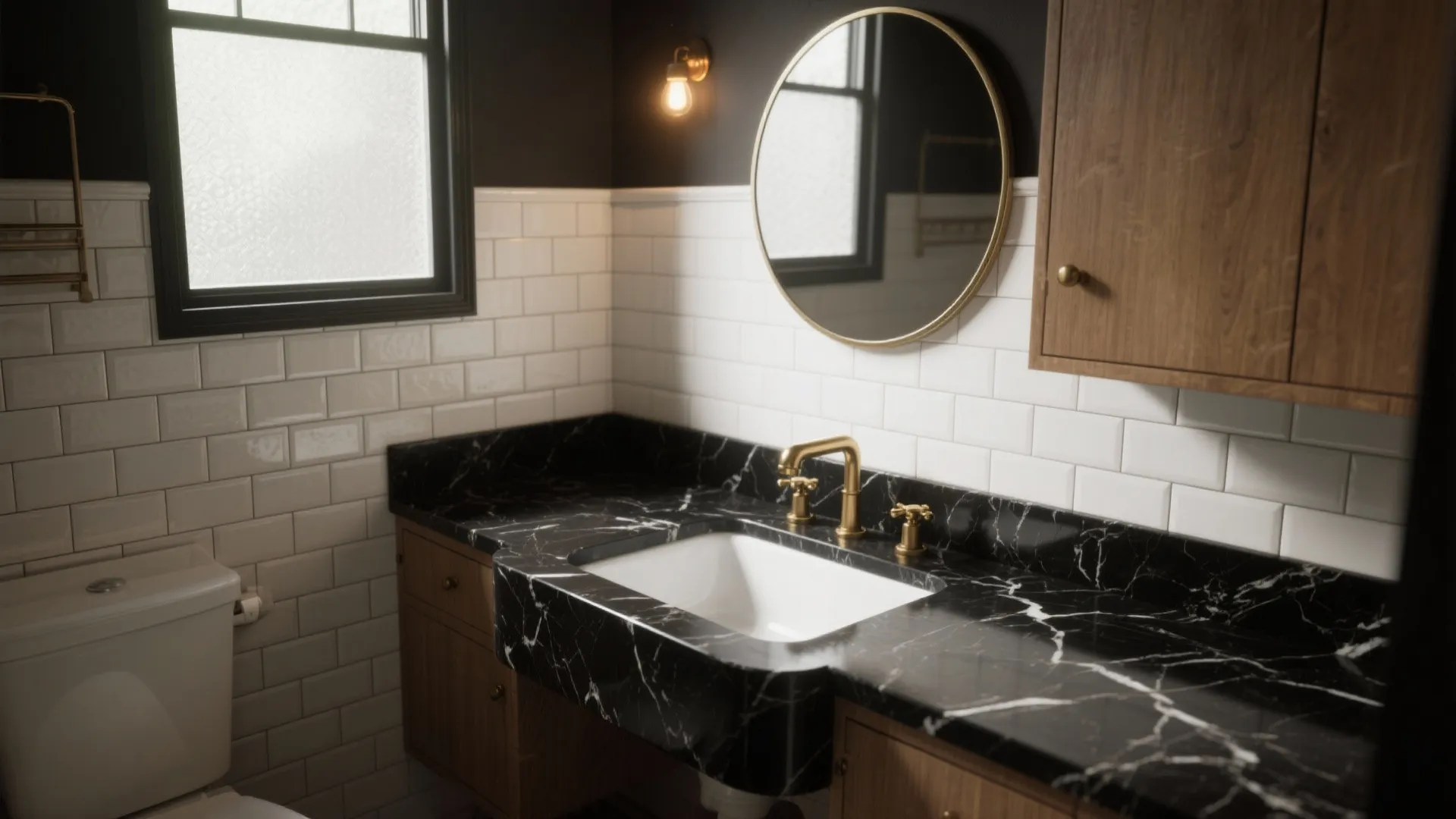 Modern bathroom featuring black marble counter white tiles gold water tap round mirror and light