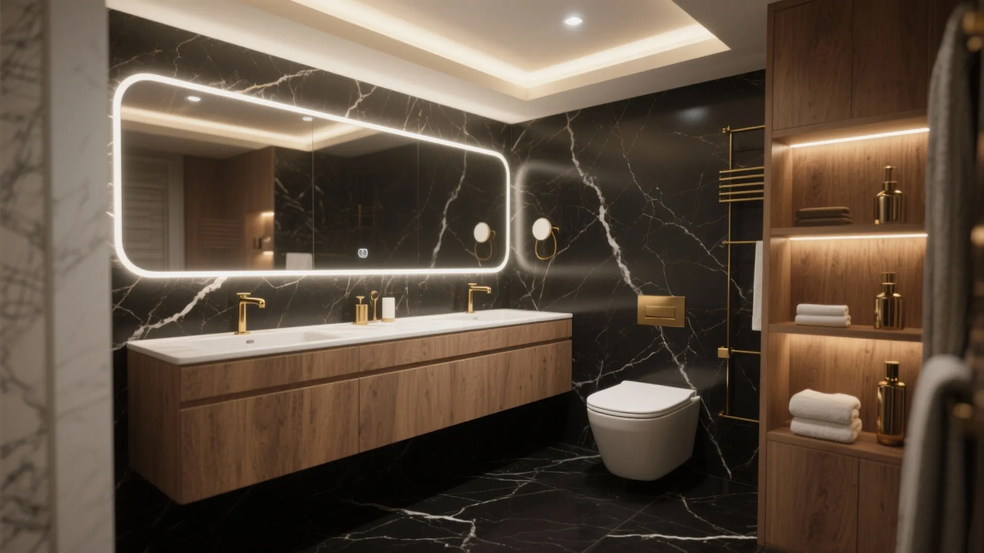Modern bathroom featuring black marble walls, wooden double vanity, large glowing mirror, and gold sink faucets