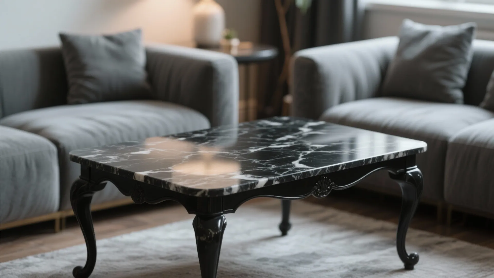 Elegant black marble coffee table placed on a rug between two grey sofas in room