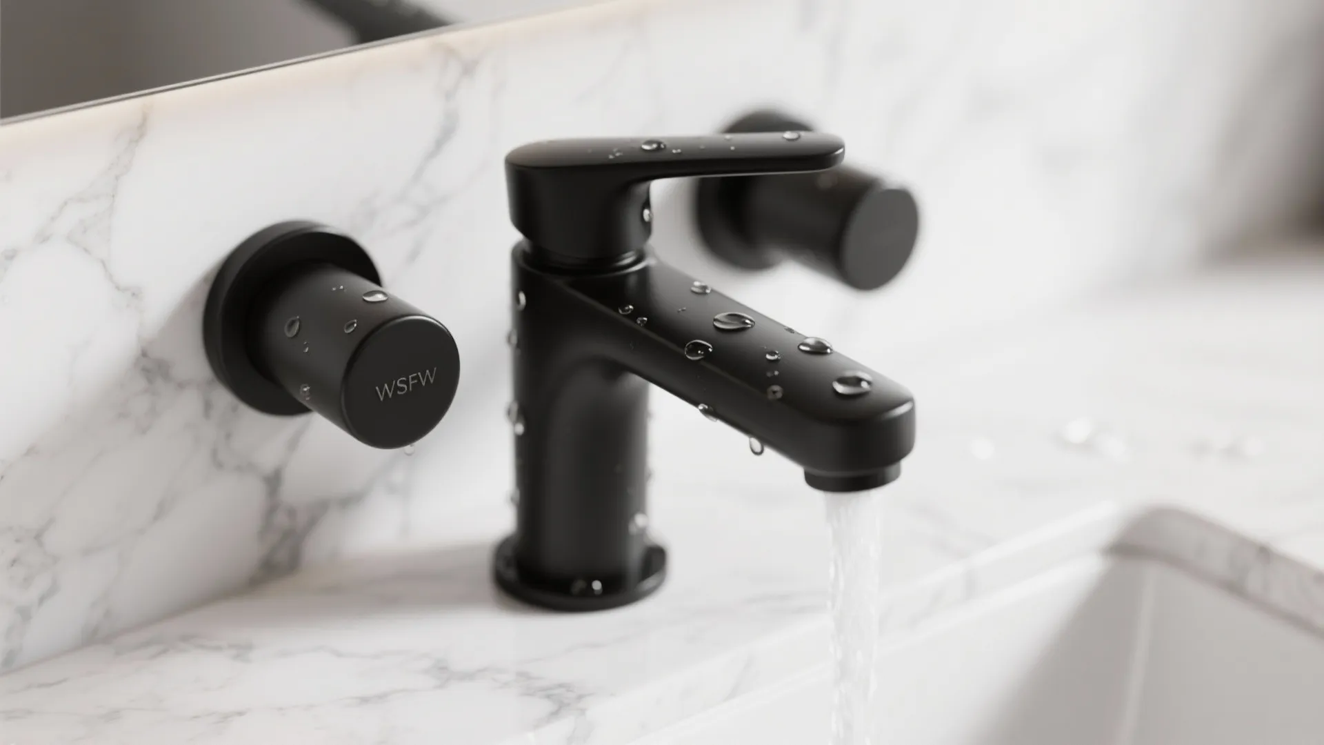 Modern matte black water tap on white marble wall with running water into a clean sink