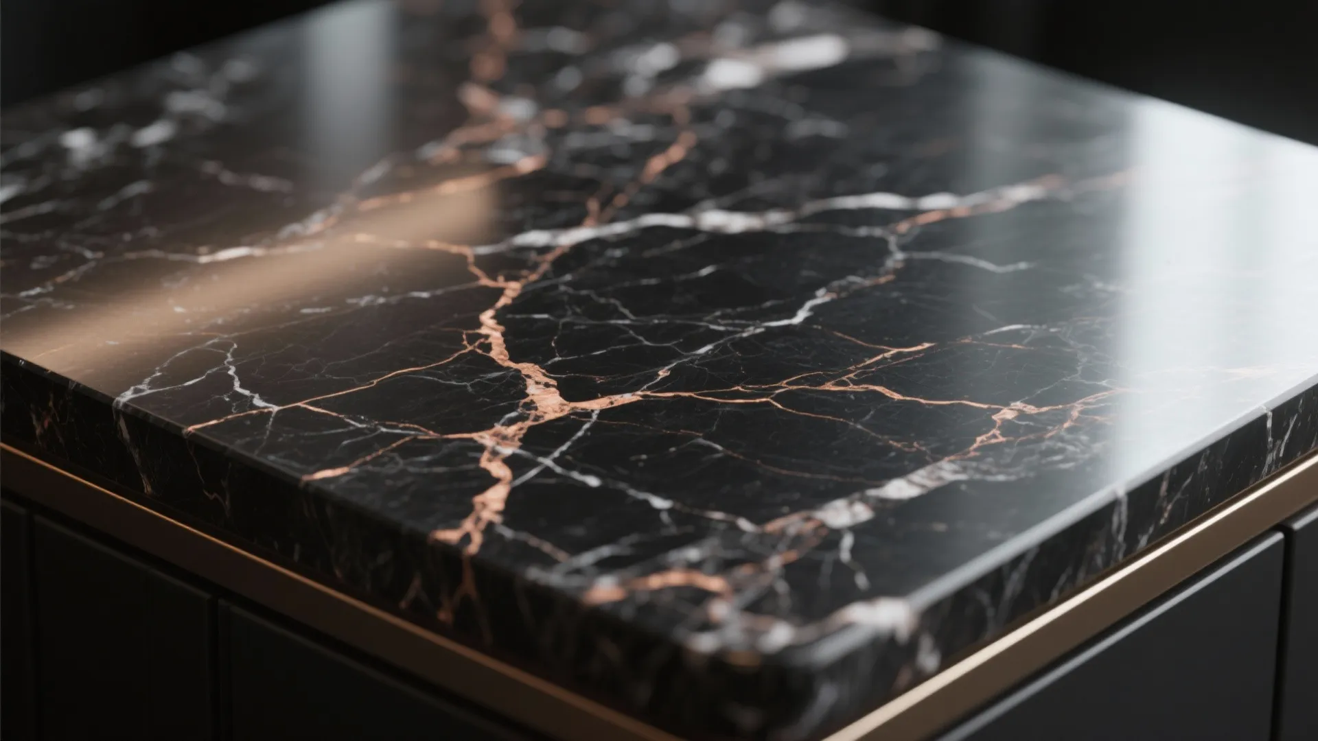 Black marble countertop with subtle copper-colored veins and honed finish.