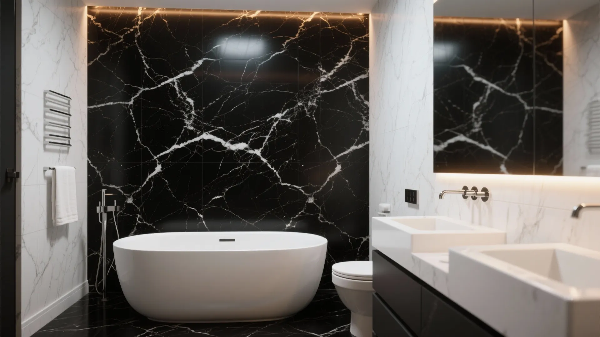 Modern bathroom with black marble feature wall white freestanding bathtub white double sinks and black cabinet