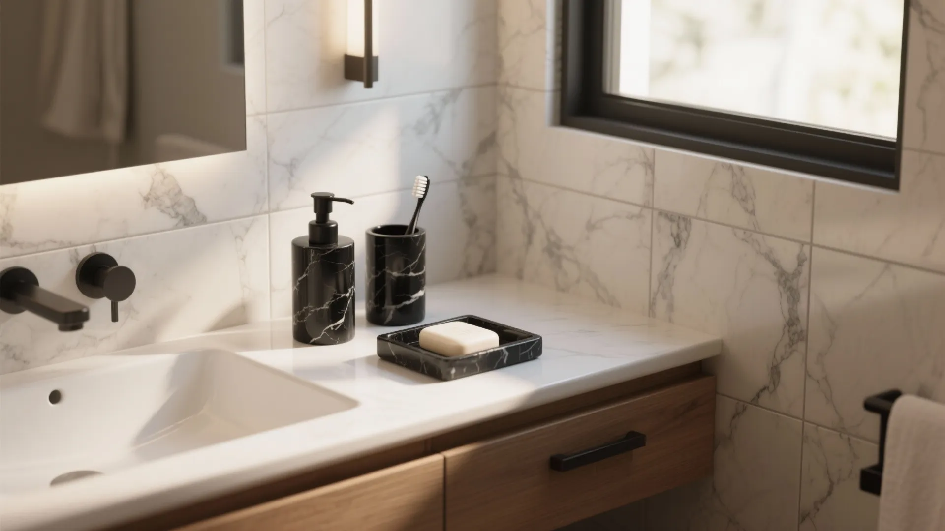 Black Marble Bathroom Accessories — 5 Stylish Ideas: How to use black marble accessories to elevate small bathrooms with budget-friendly tips from a pro