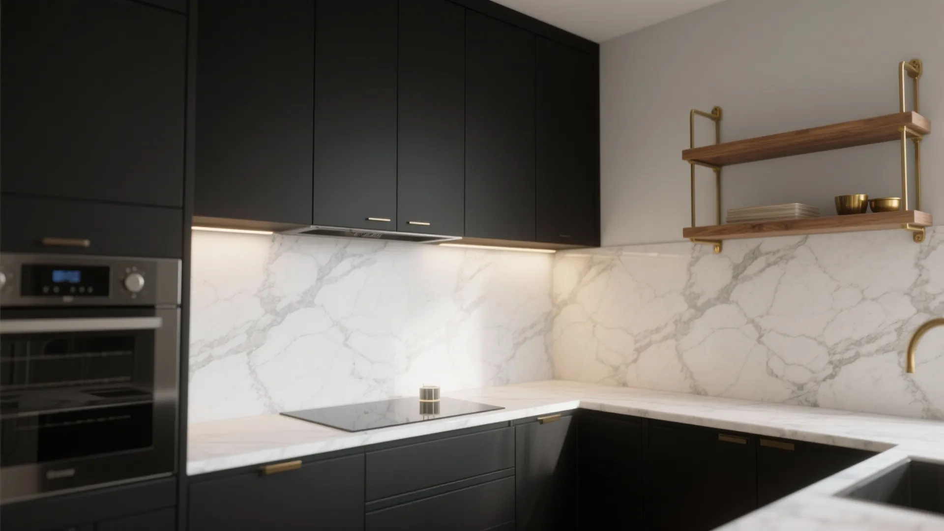 3. Black Cabinets + Marble-Look Backsplash for Soft Luxury