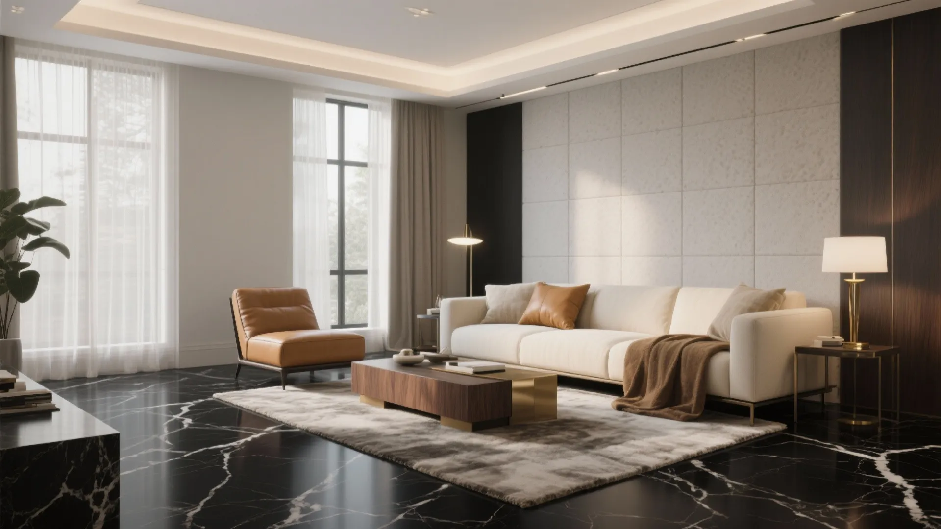 Modern living room featuring black marble floor cream sofa brown leather chair and wood table
