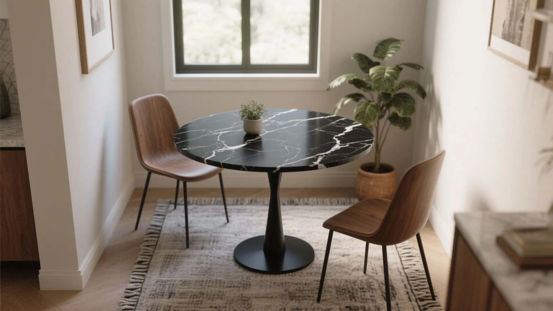 Dining nook with round black marble table two wooden chairs rug and green potted plant