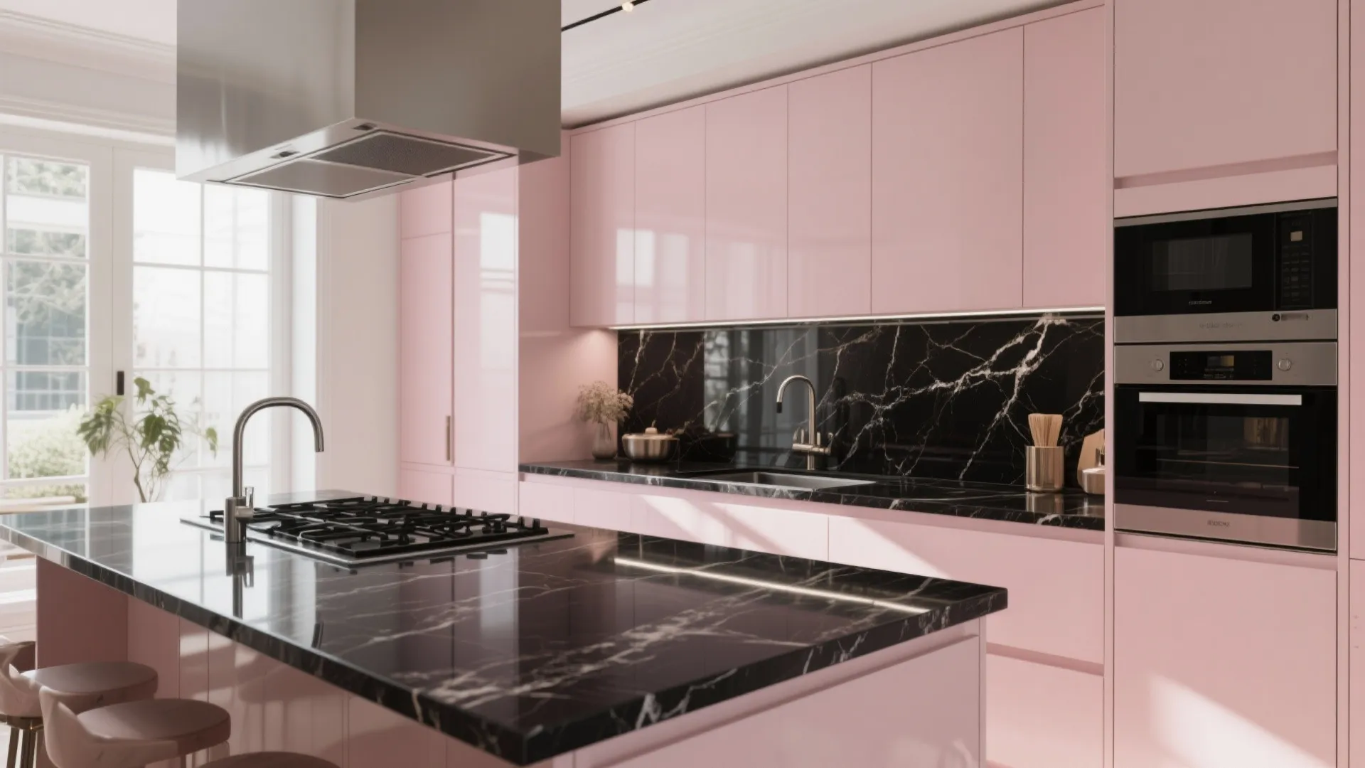 Modern kitchen with pink cabinets and black marble countertops plus an island with gas stove