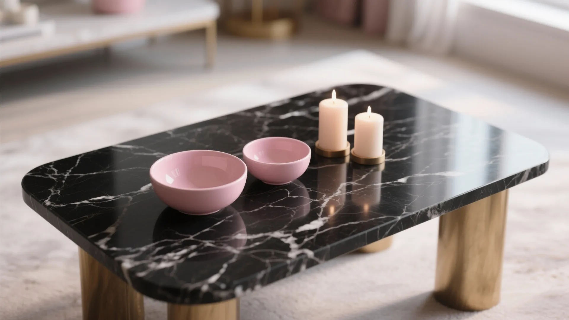 8. Black Marble Coffee Table with Pink Accessories