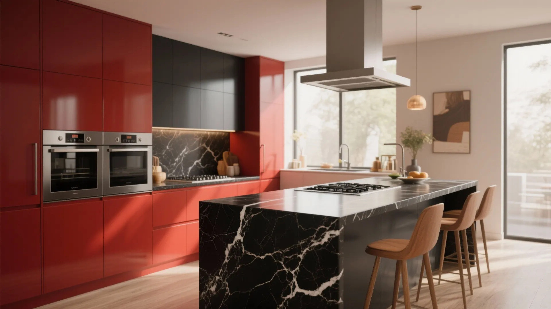 3. Black Marble Countertops with Red Cabinets