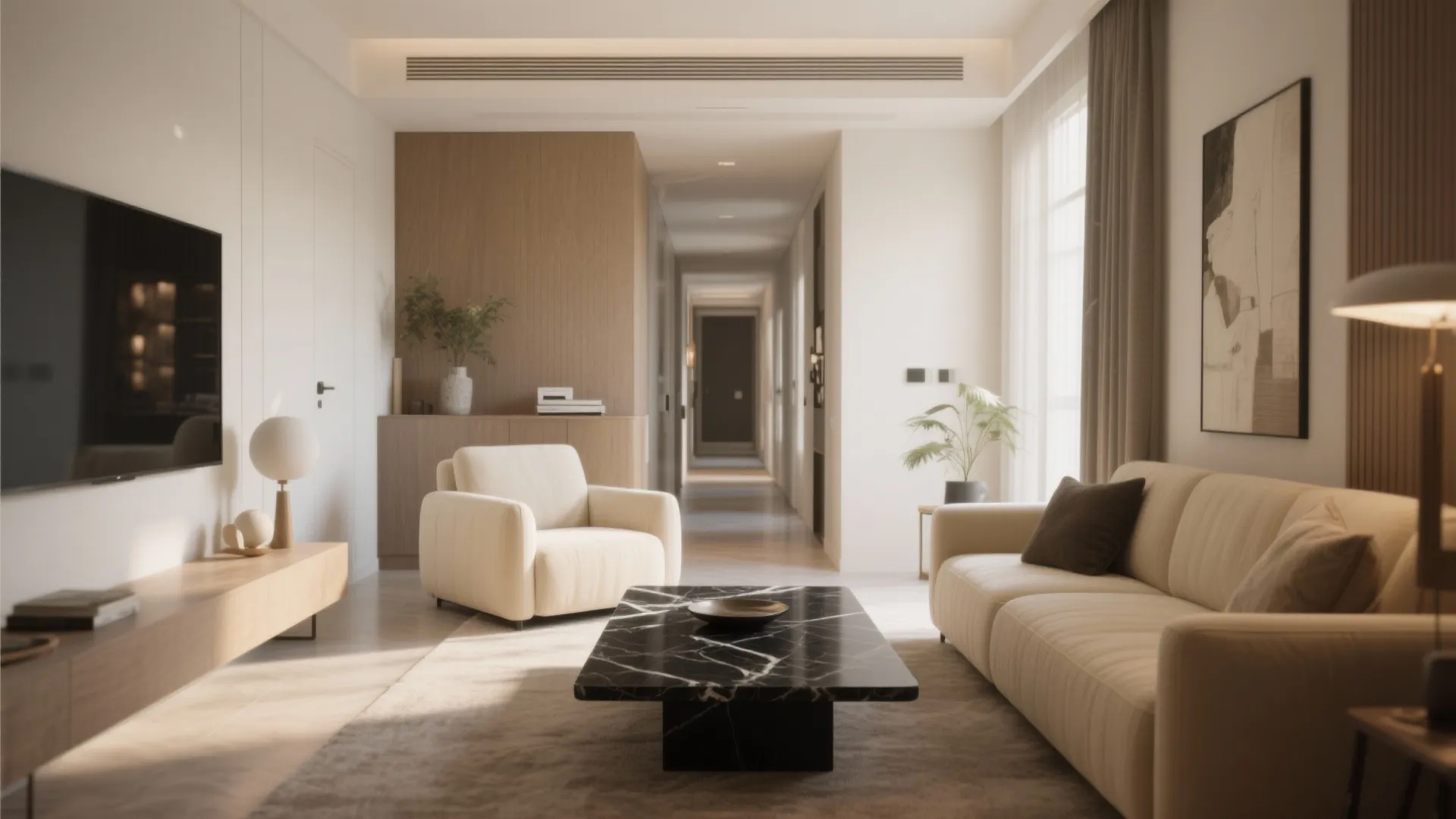 Black marble coffee table with cream seating