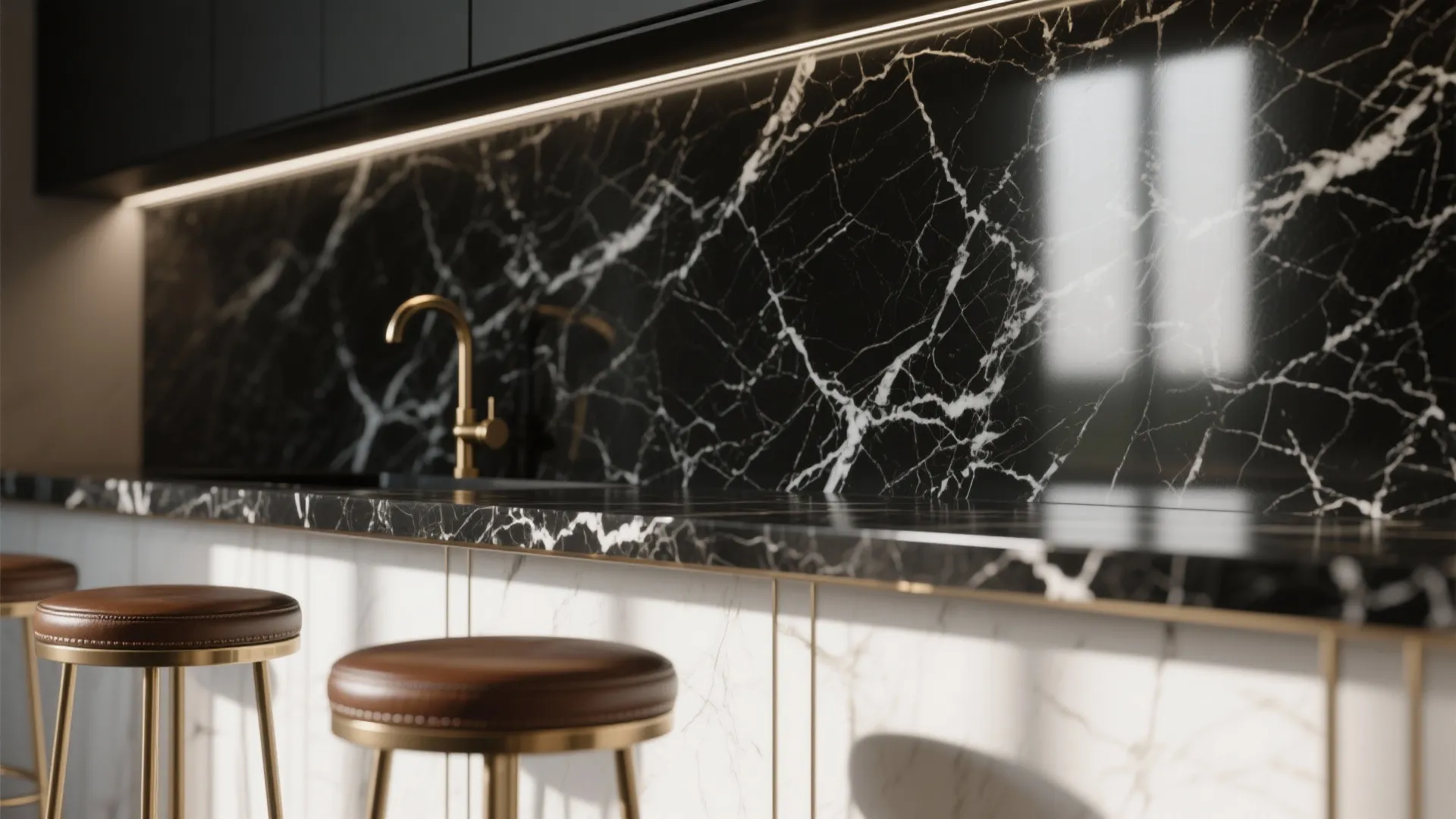 Modern kitchen bar with black marble wall and countertop plus brown leather stools with gold legs