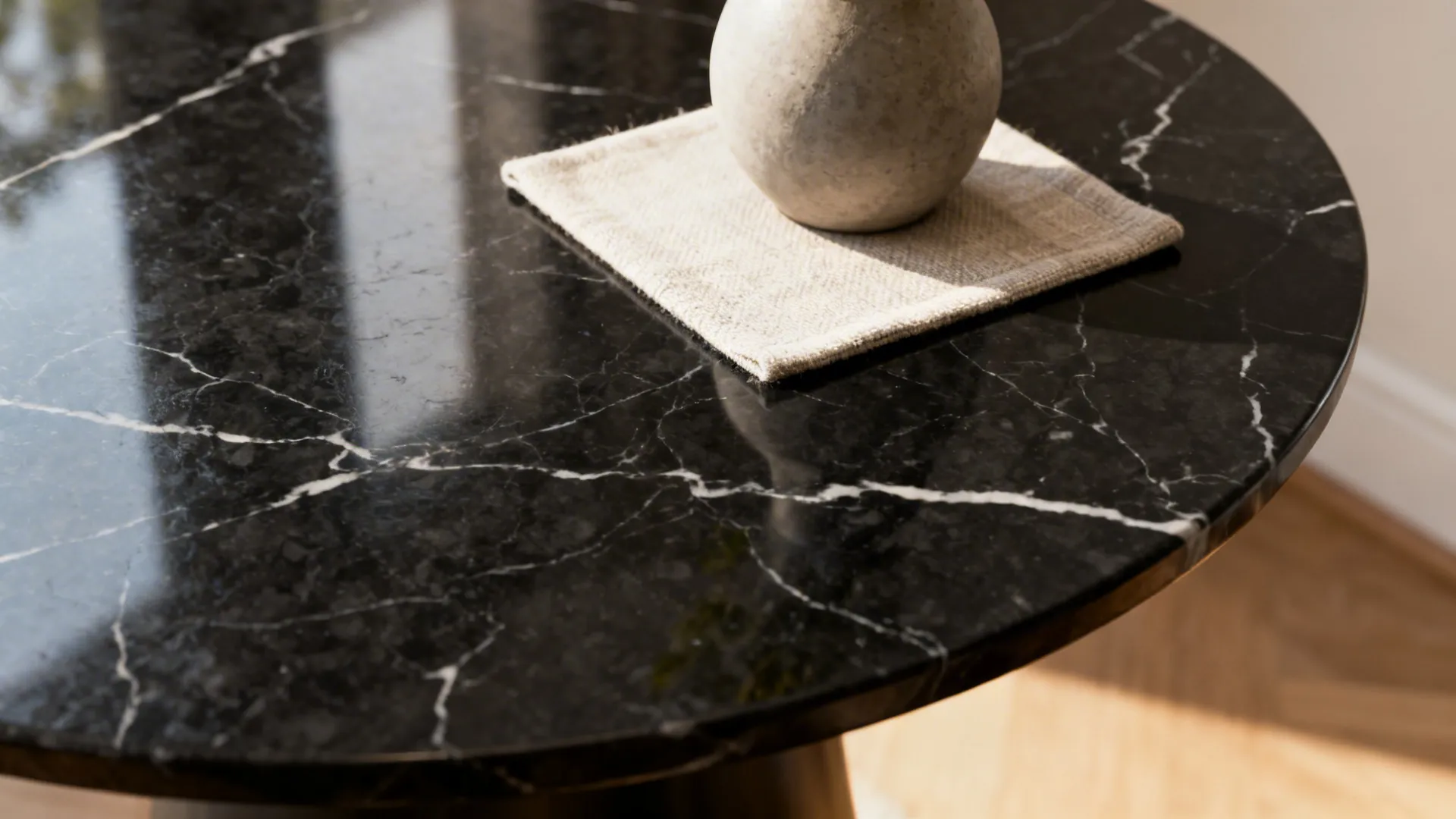 Close-up of a black marble end table top showing subtle veining and a linen coaster.