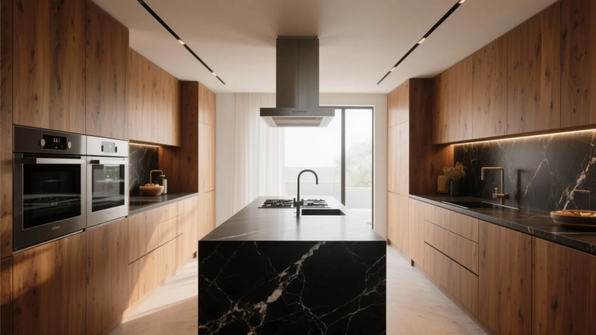 Modern kitchen featuring wood cabinets black marble island sink and built in double wall ovens view