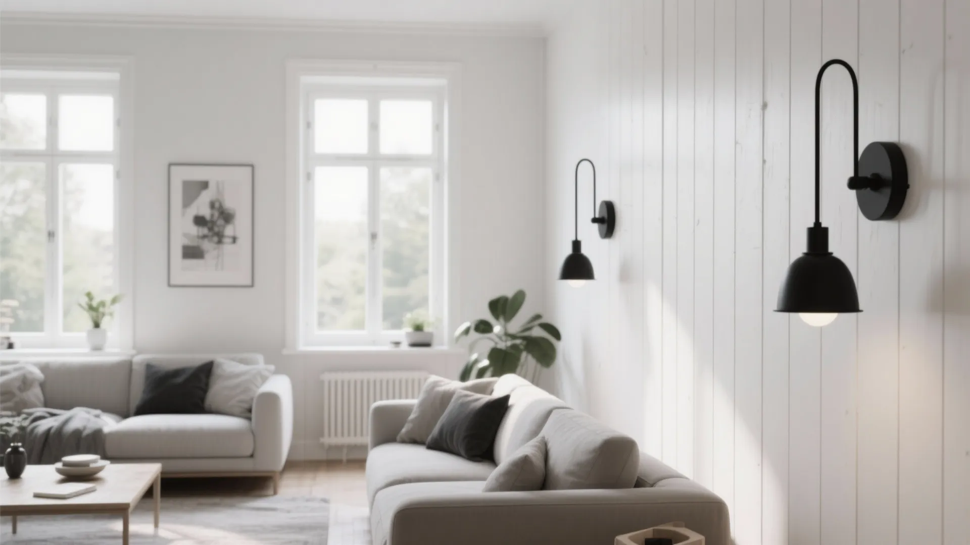 Matte black wall sconces on white shiplap walls in Scandinavian living room