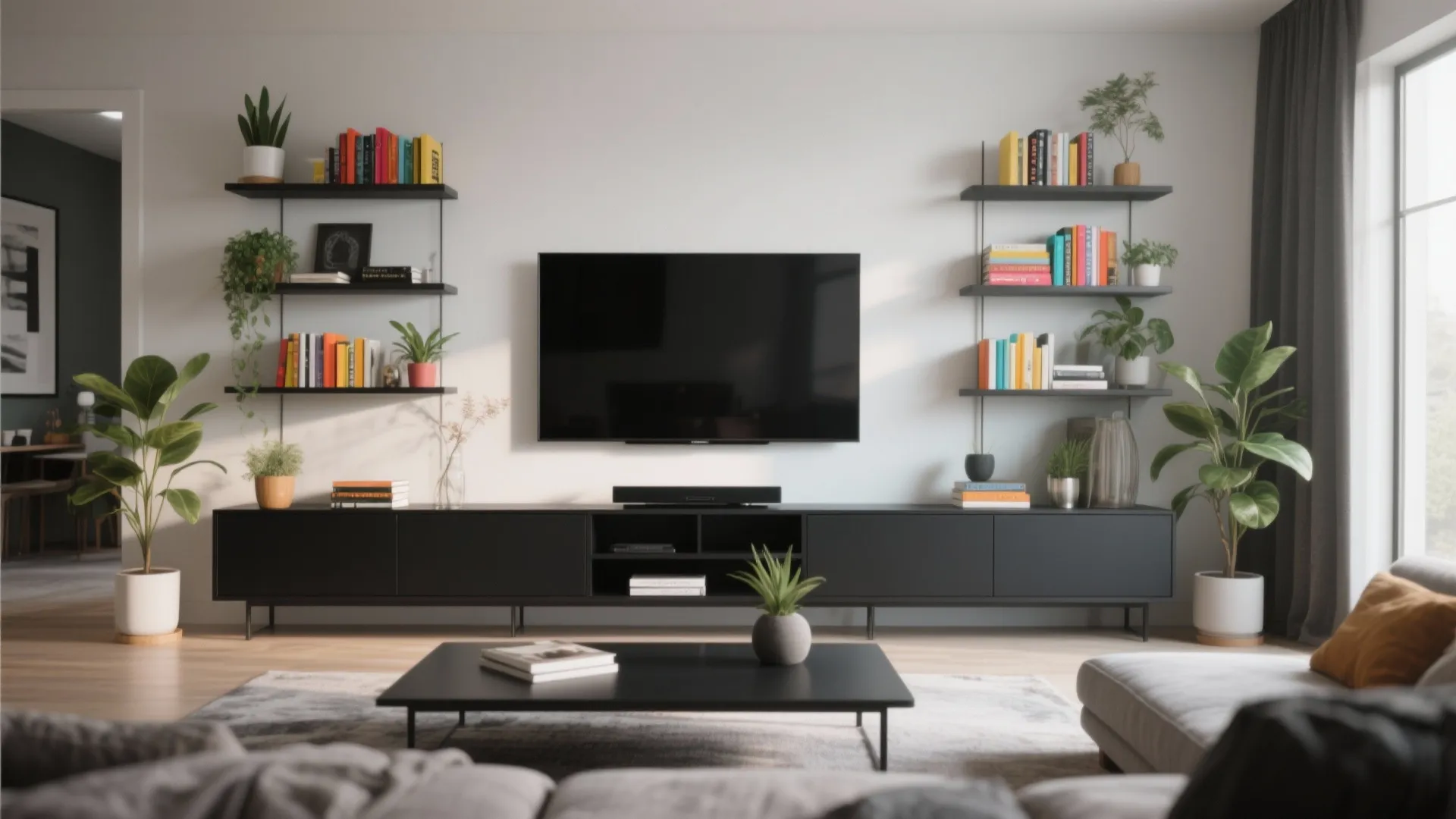 4. Black Media Unit with Open Shelving