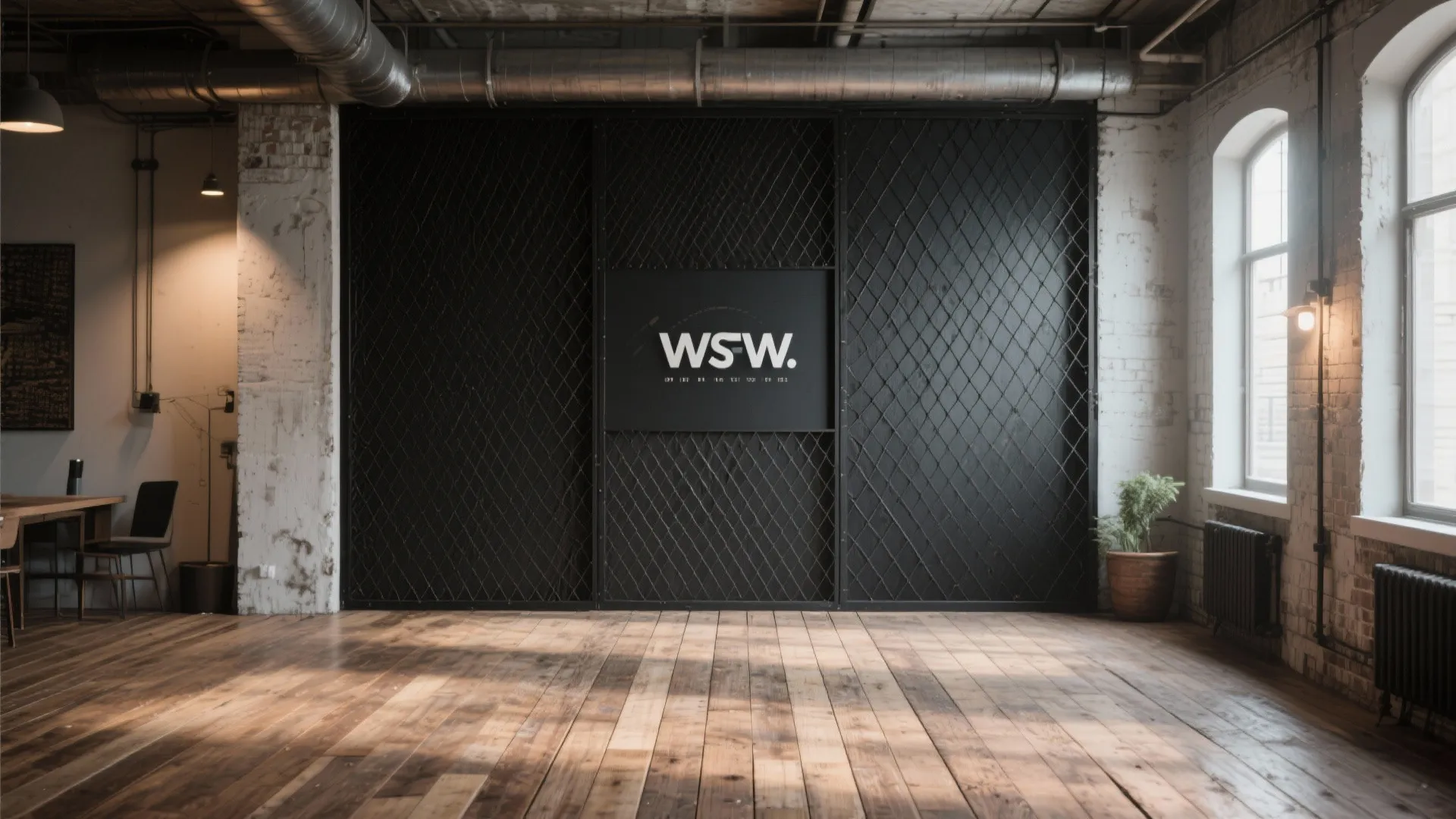 Industrial interior design with black wire wall wooden floor pipes and natural light from side windows
