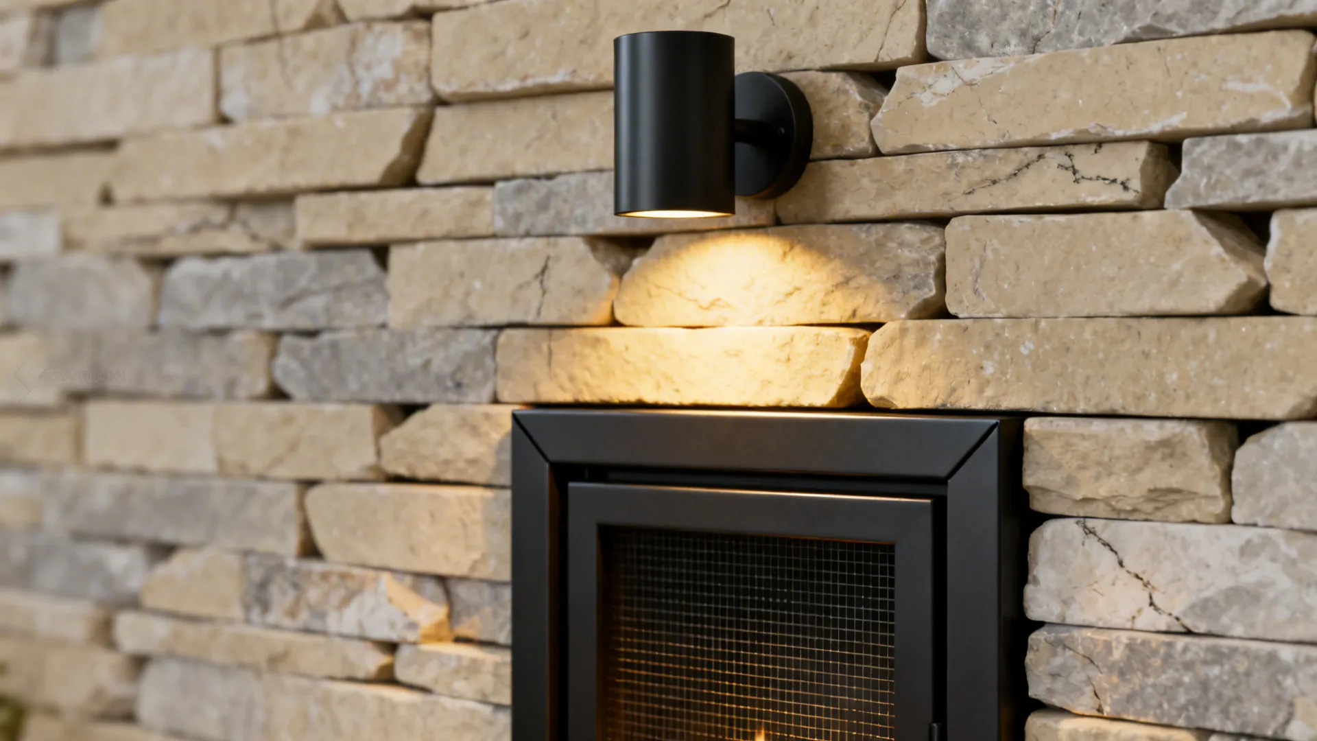 Black metal hearth surround and sconce contrasting with beige stone fireplace
