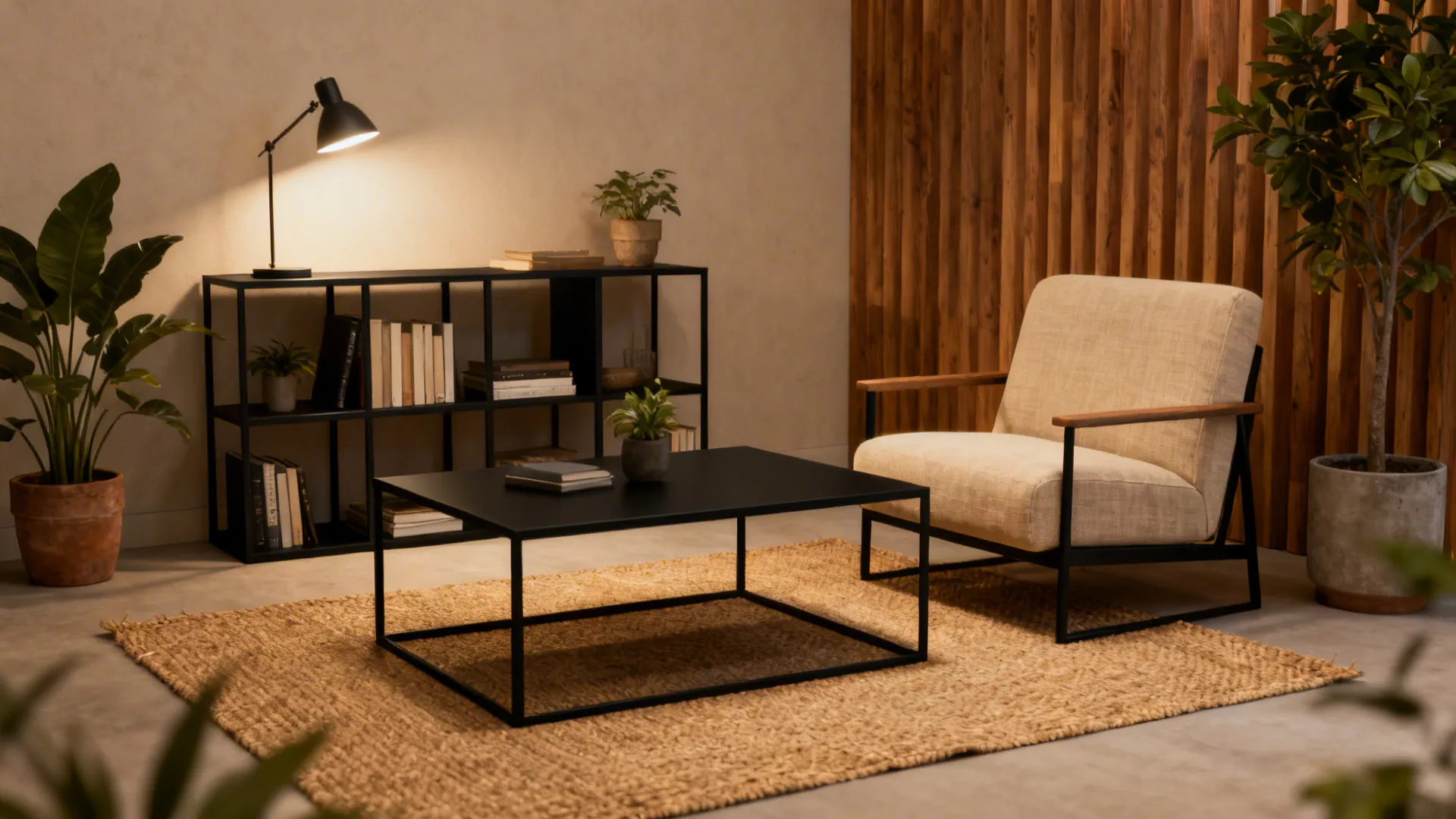 4. Black Metal Furniture with Beige Natural Fibers