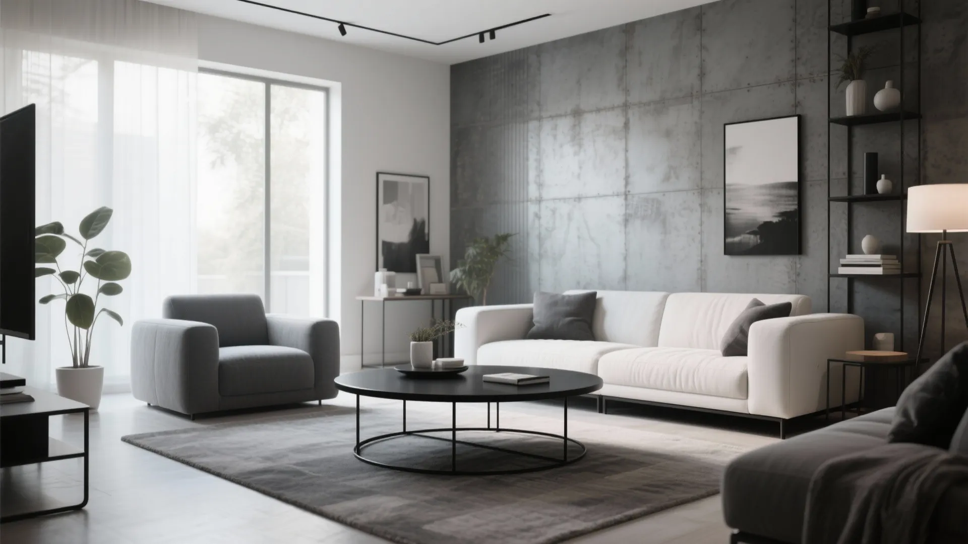 Industrial style living room with grey wall panel white sofa and round black coffee table