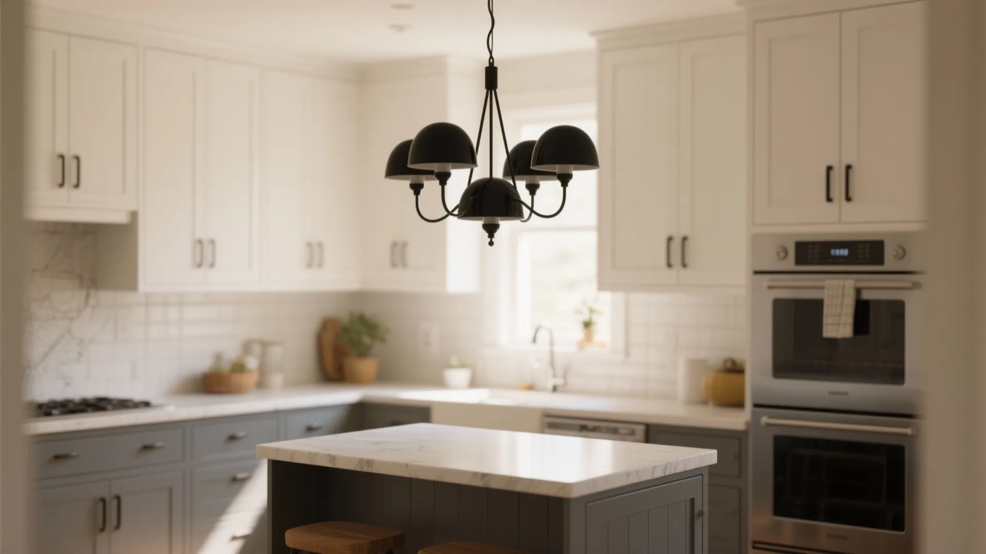 Modern kitchen with white cabinets grey island black ceiling light and marble countertop interior design