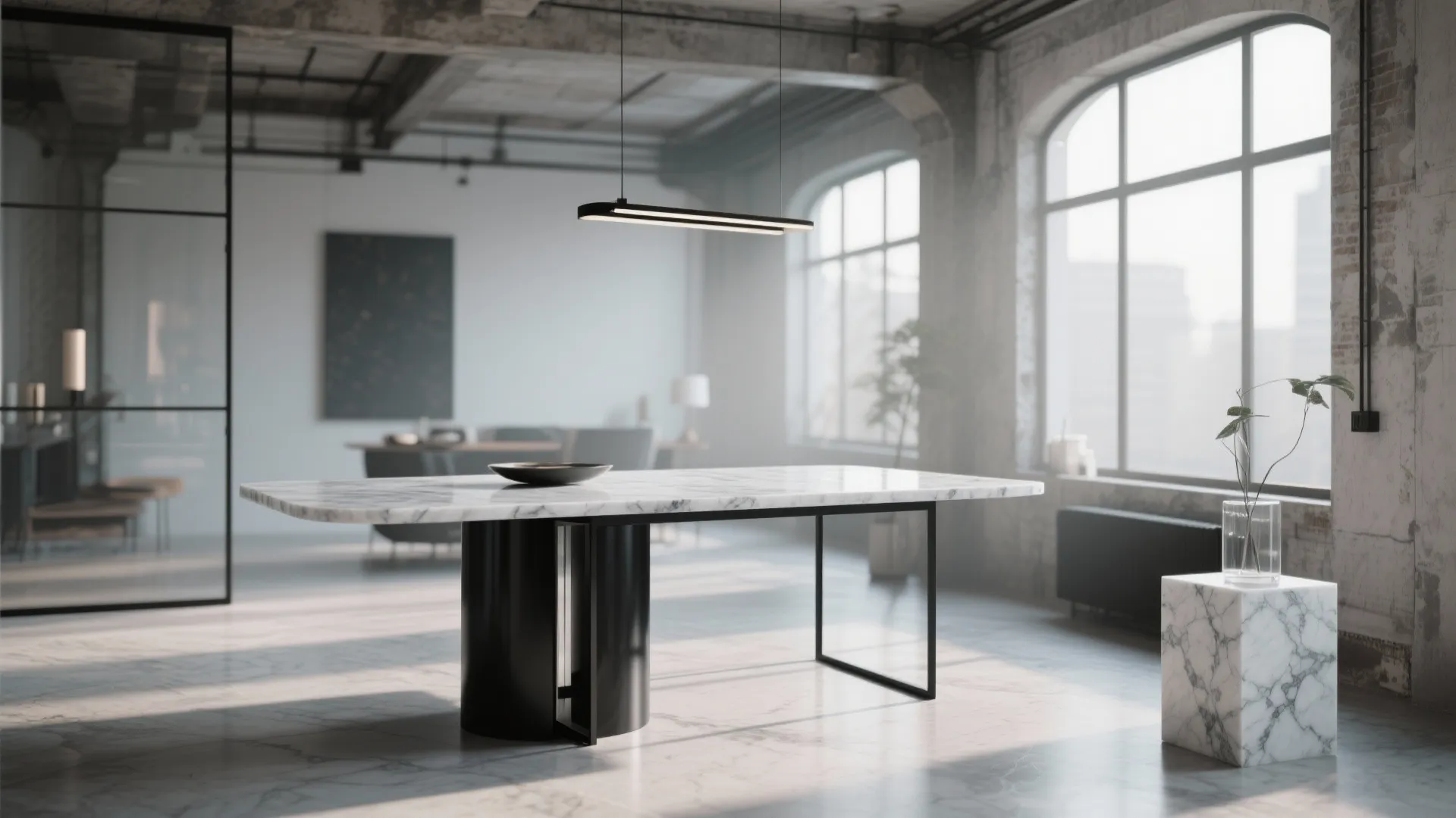 Modern dining table with marble top and black legs in industrial room with large bright windows