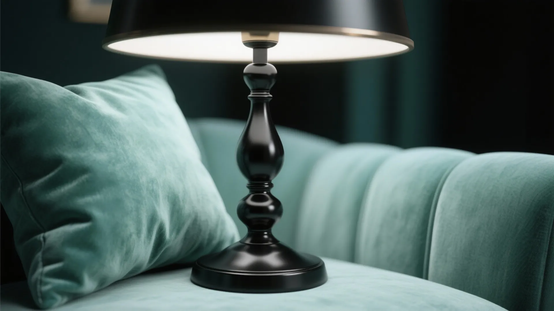 Close-up of matte black metal and mint velvet textures