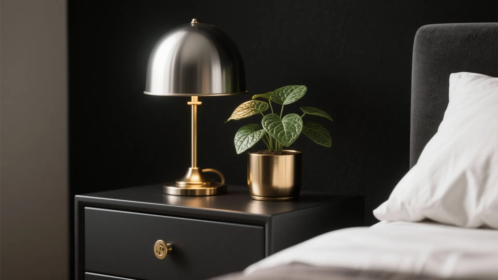 Brass hardware and a potted green plant against a matte black bedroom background.