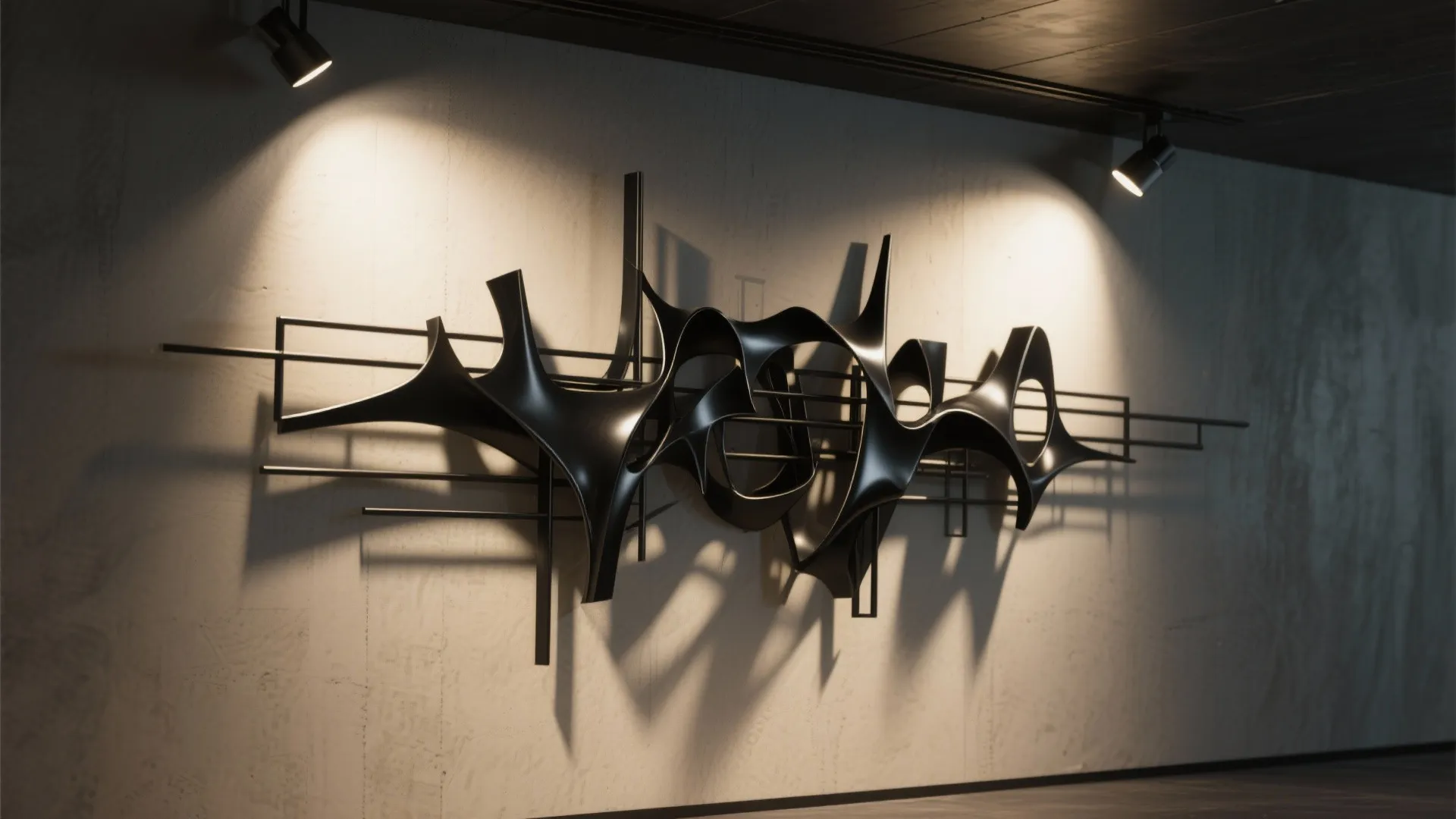 Large black metal wall decoration on concrete surface with two ceiling lights shining from above