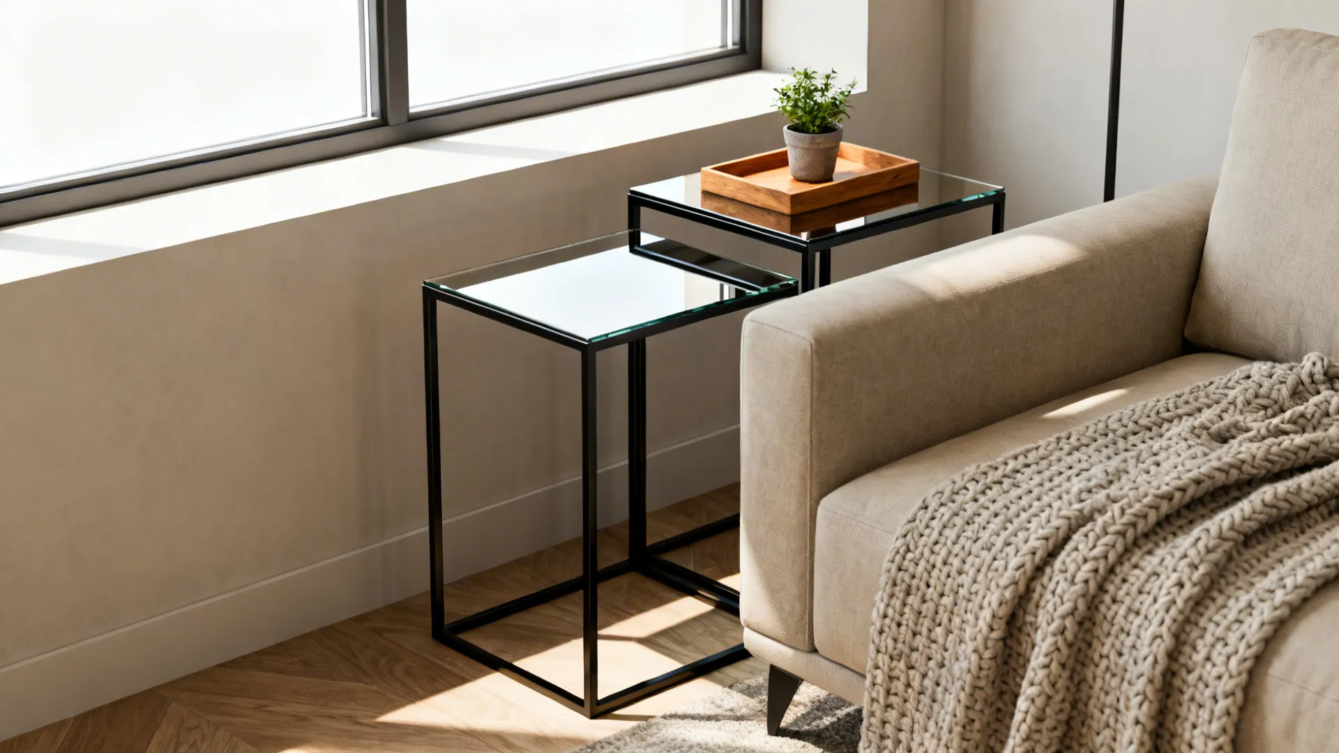 Slim black metal side tables with reflective tops beside a neutral sofa and knitted throw