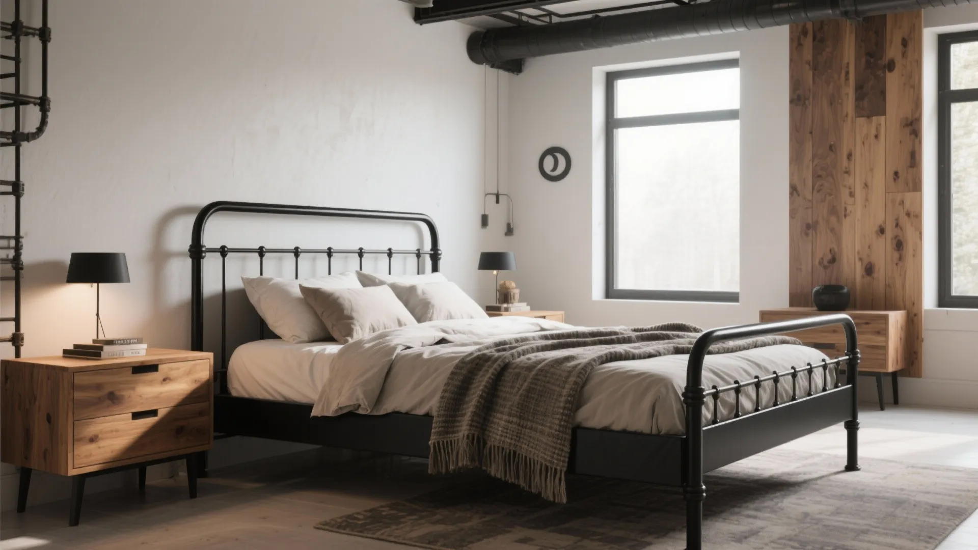 3. Black metal bed + natural wood accents