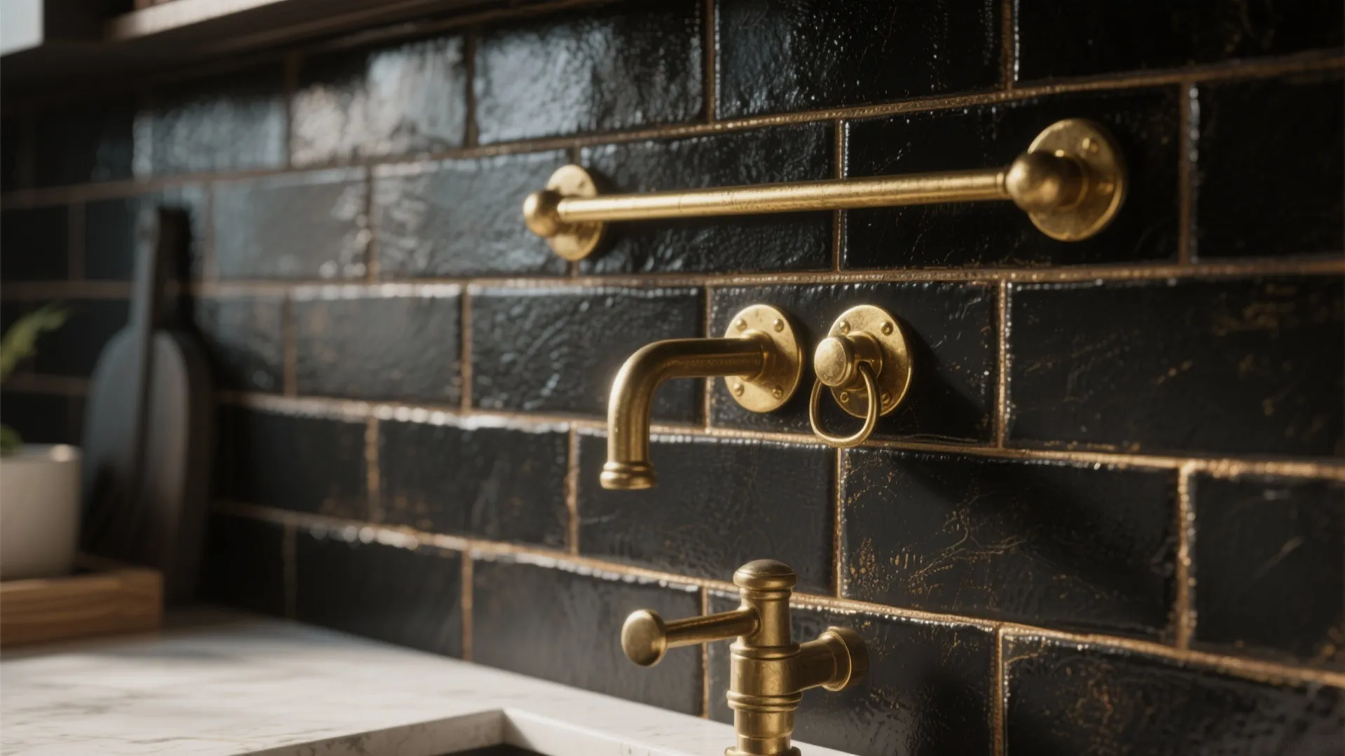 Black wall tiles with gold metal faucet and hanging rail in a modern kitchen scene