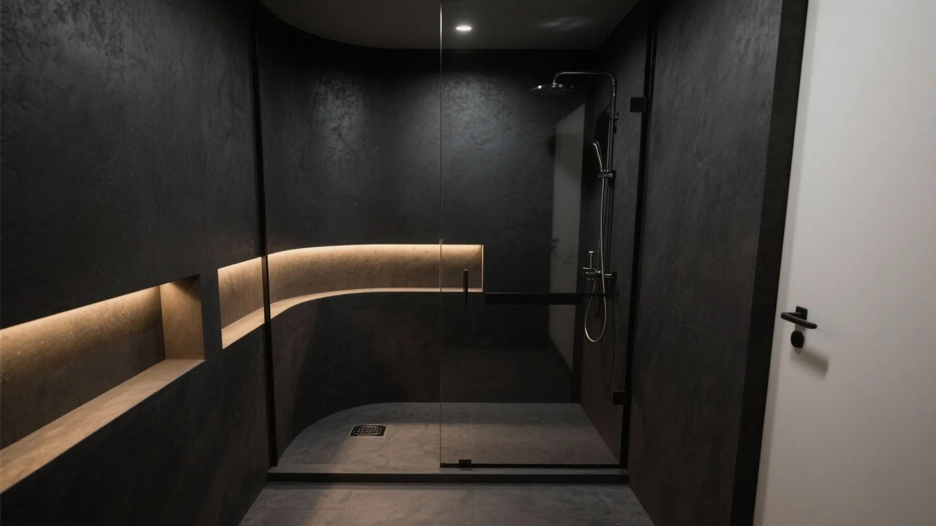 Seamless black microcement shower with curved corners and a softly lit niche.