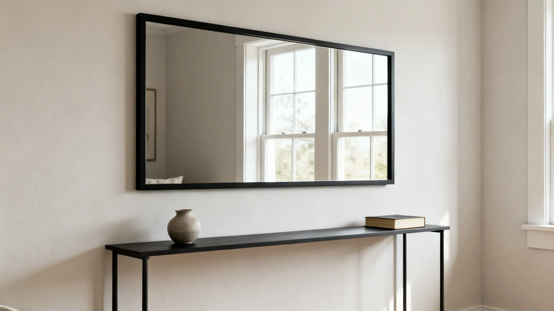 Black-framed rectangular mirror above a slim console reflecting window light in a small living room