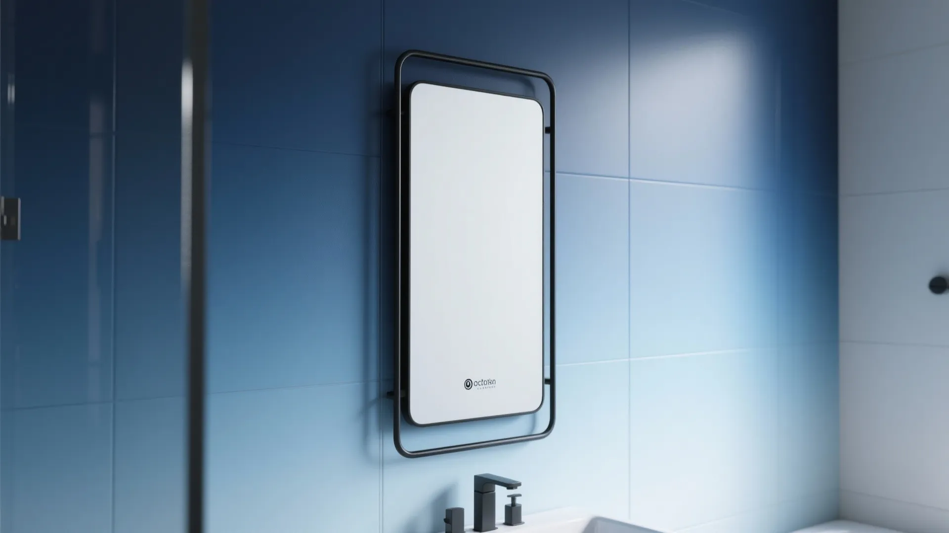 5. Black-framed Mirror with Gradient Blue Wallpaper