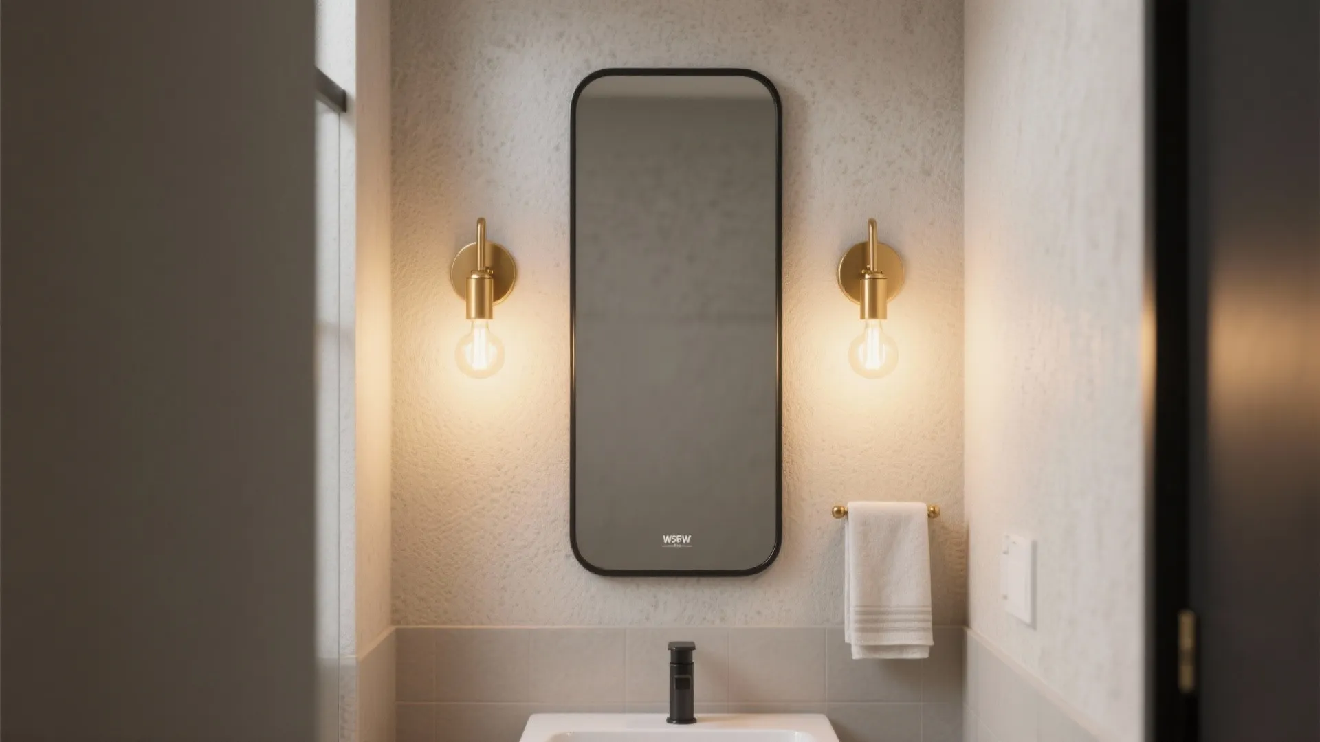 Tall black framed mirror with two gold wall lights and white towel in modern bathroom