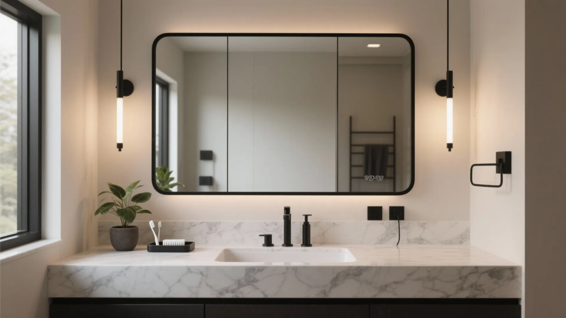 Bathroom interior design drawing featuring marble counter white sink large mirror and two black wall lights