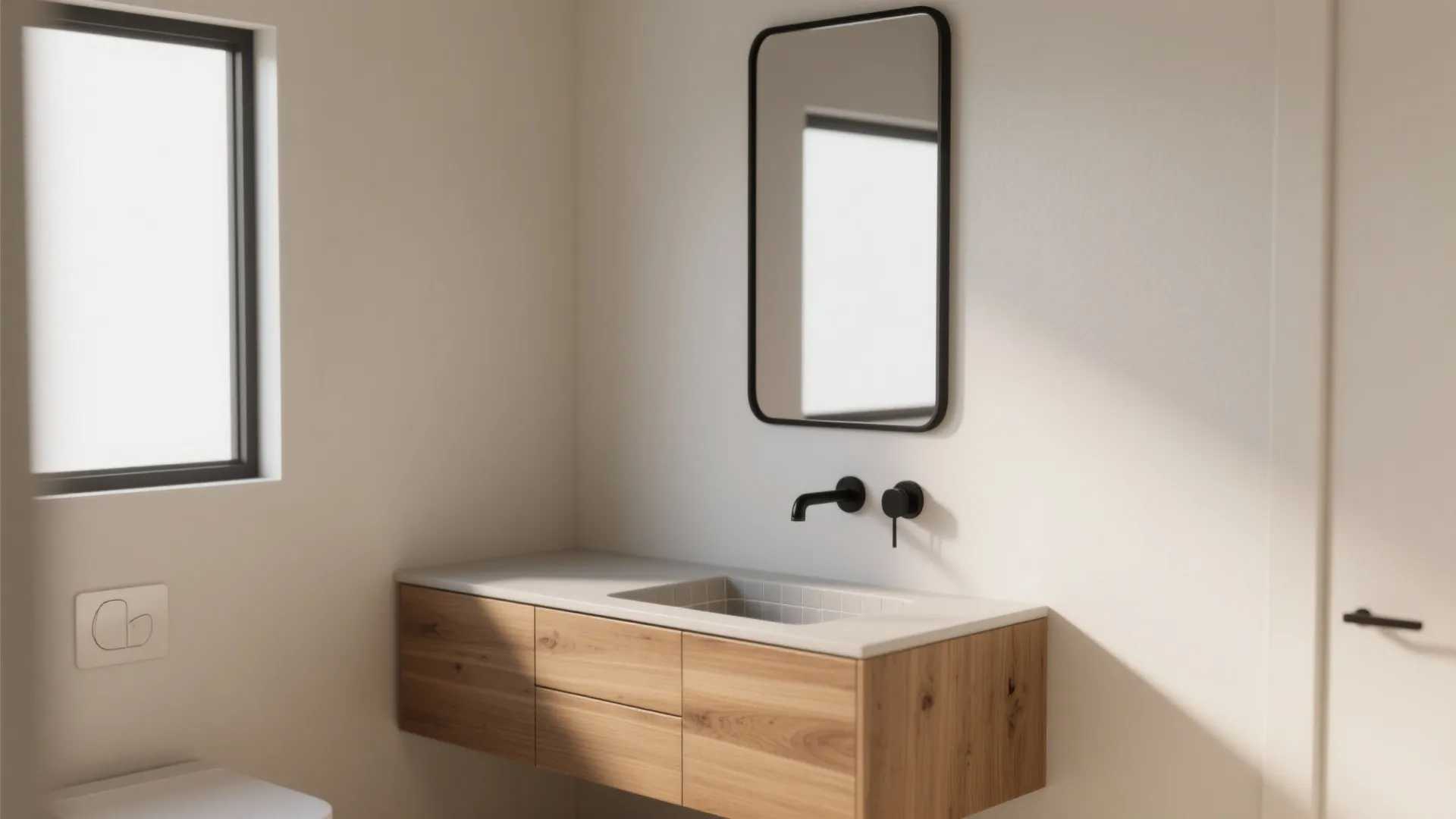 2. Black framed mirror and wooden vanity combo