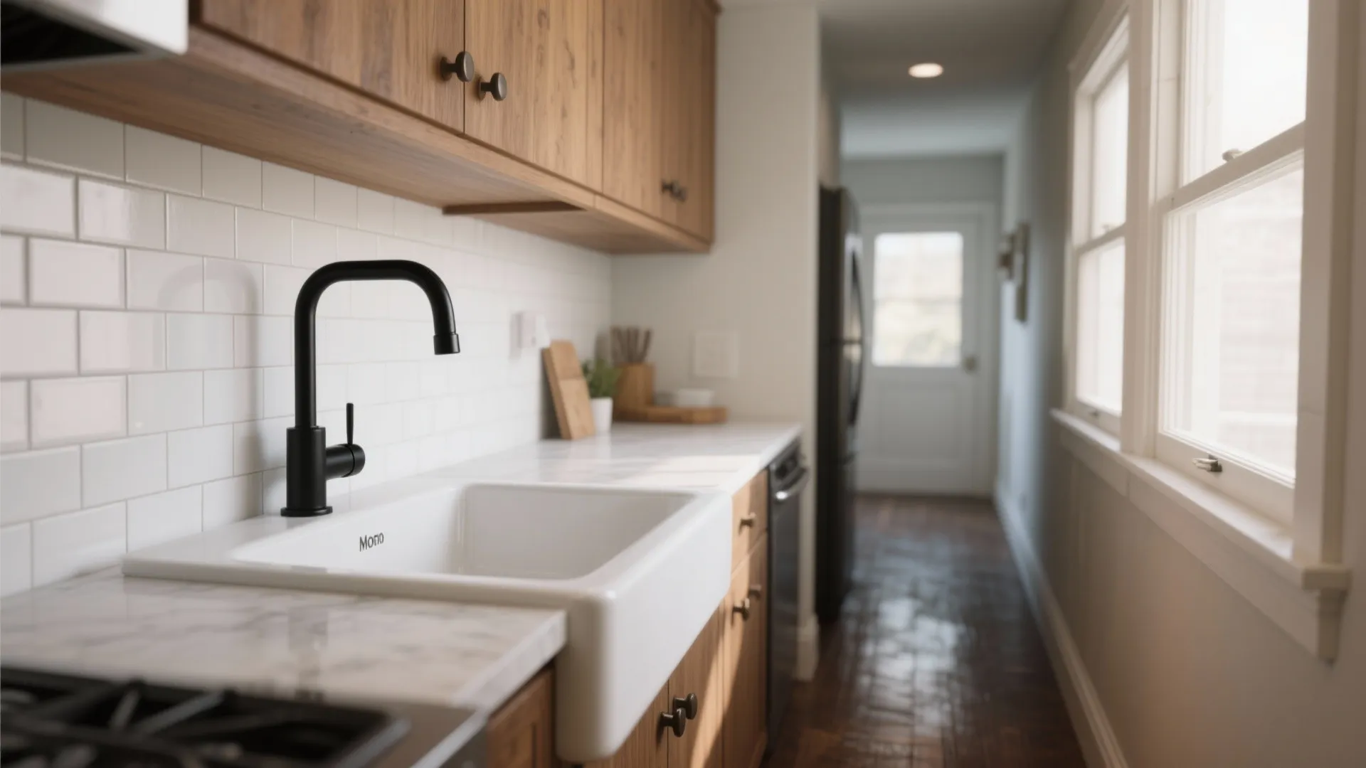 Narrow galley kitchen featuring white farm sink black faucet wood cabinets and white brick tiles