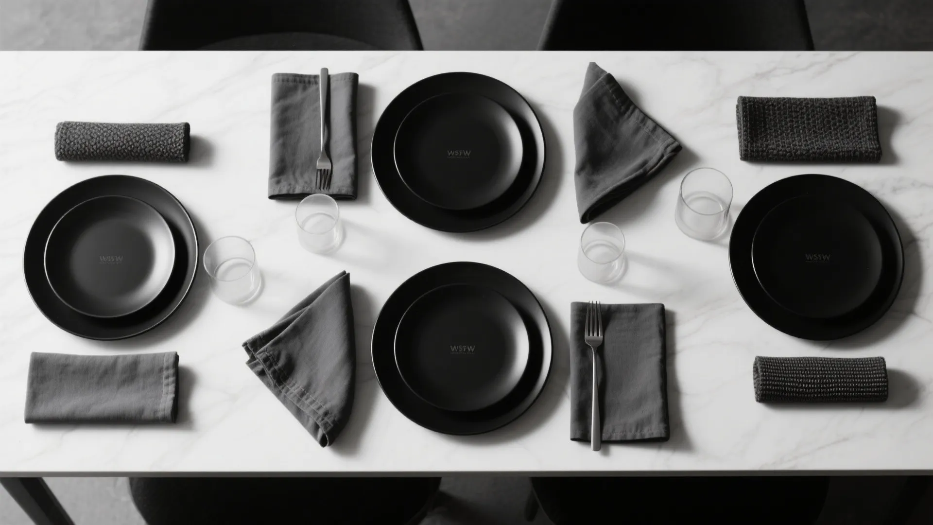 Top view of a white marble dining table set with black plates and grey napkins
