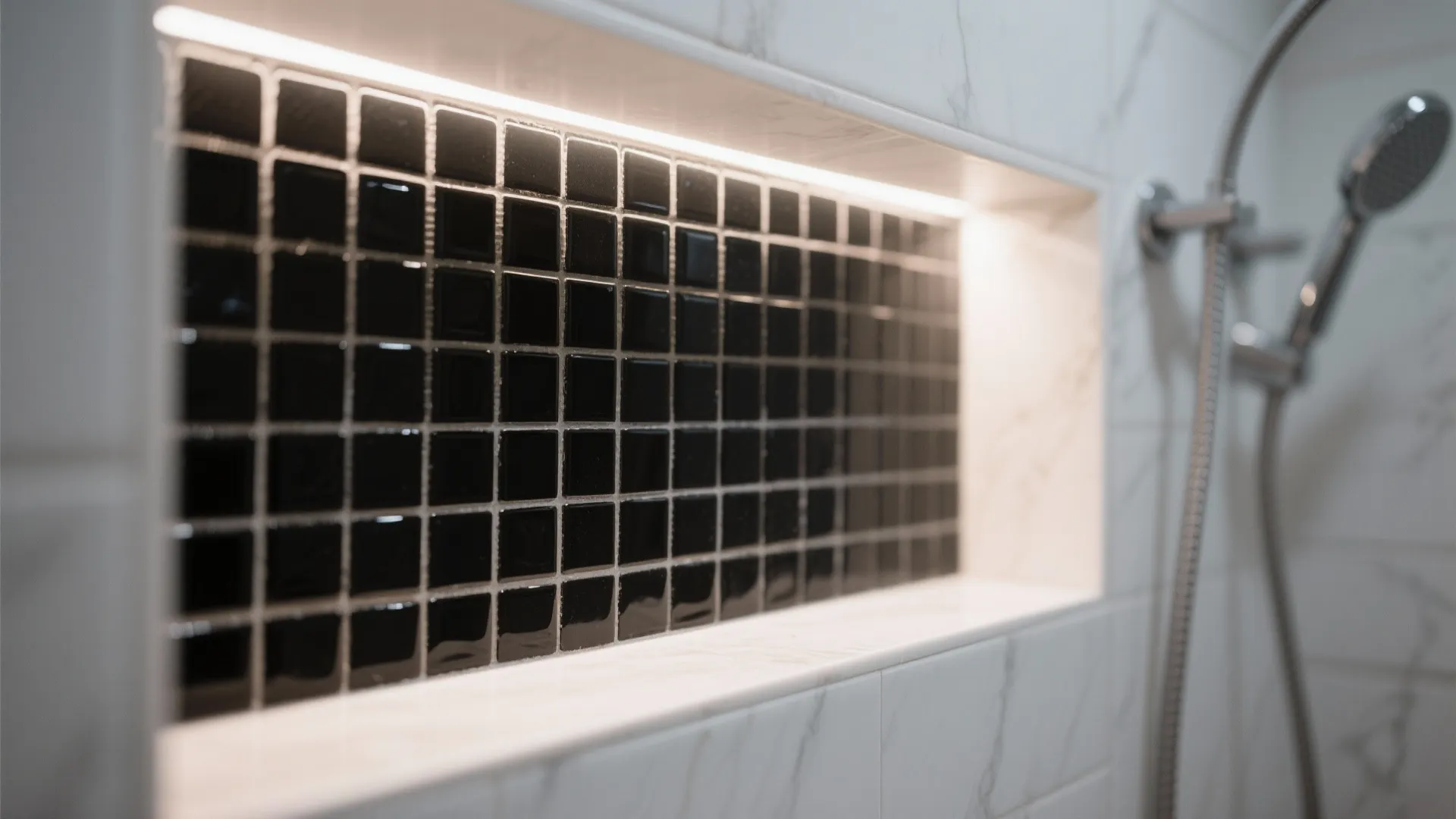 Modern bathroom shower wall niche with black mosaic tiles white marble frame and warm lighting